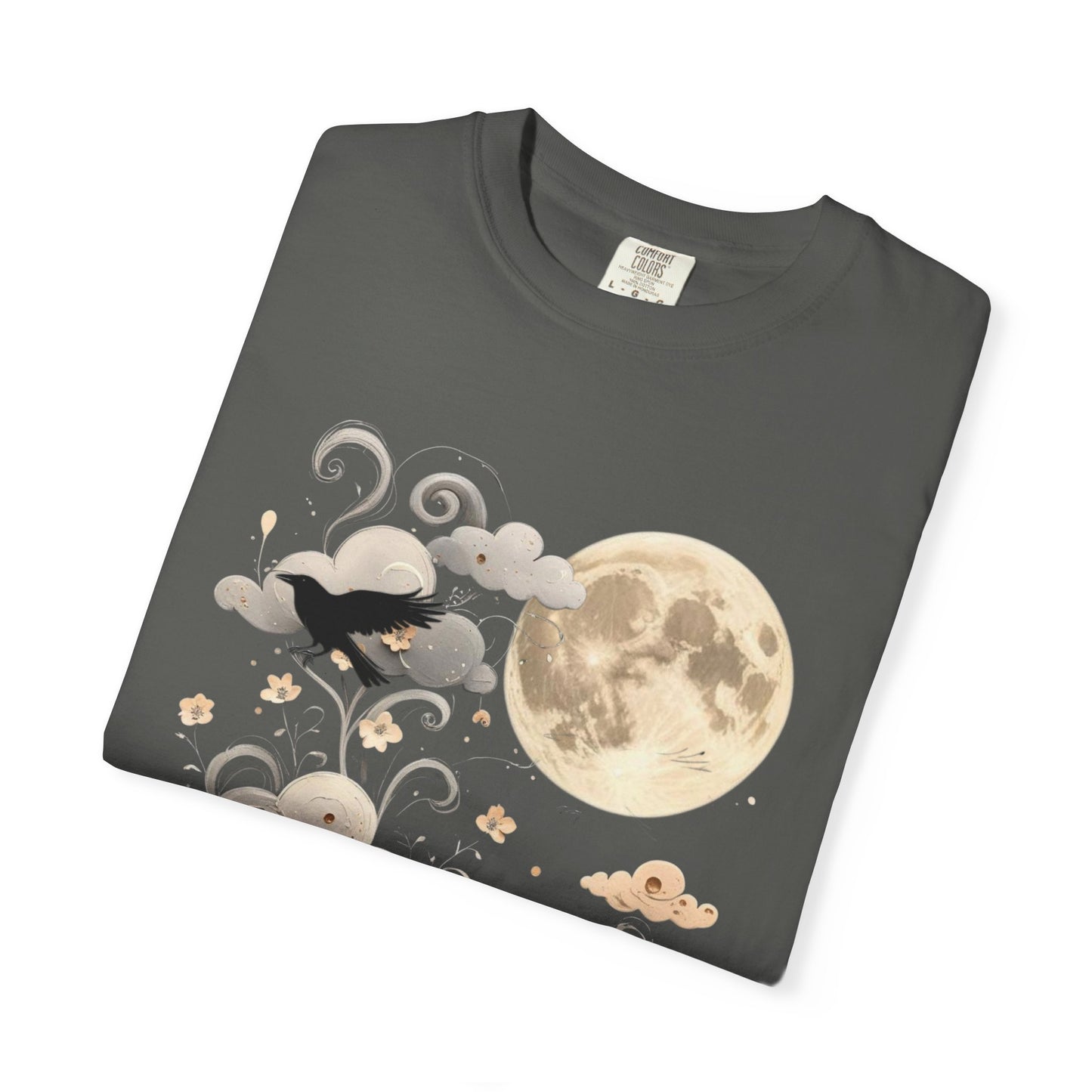 Moonlit Crow Comfort Colors T-Shirt, Halloween Mystical Raven Shirt, Dark Nature Art Tee, Cloud and Moon Graphic, Soft Cotton Witchy T-Shirt