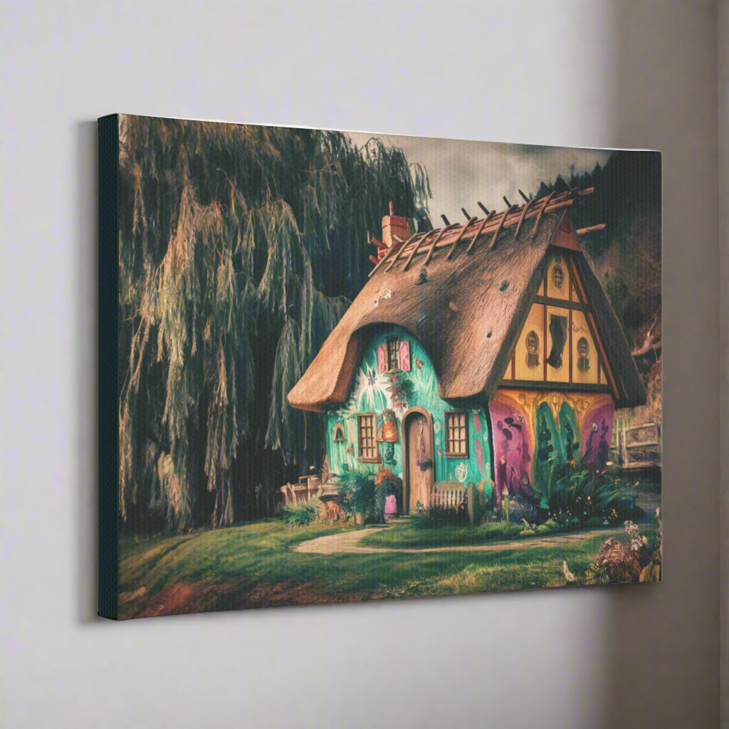 Mini Art for Wall or Shelf, Canvas Sticky Tile - 7x5" Colorful Witchy Cottage with Weeping Willow in the Wilderness