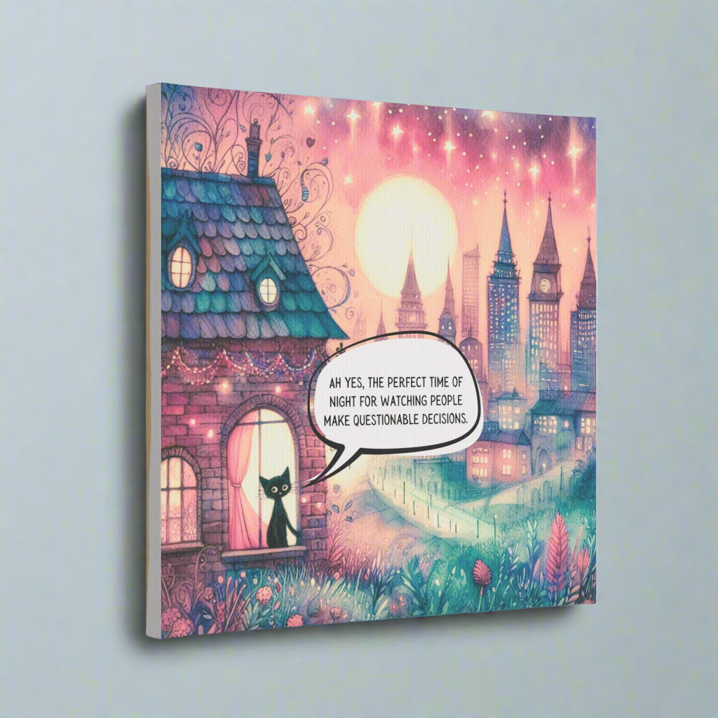 Canvas Sticky Tile - 8x8" Whimsical Scene of Sassy Cat Commenting on People's "Questionable Decisions"