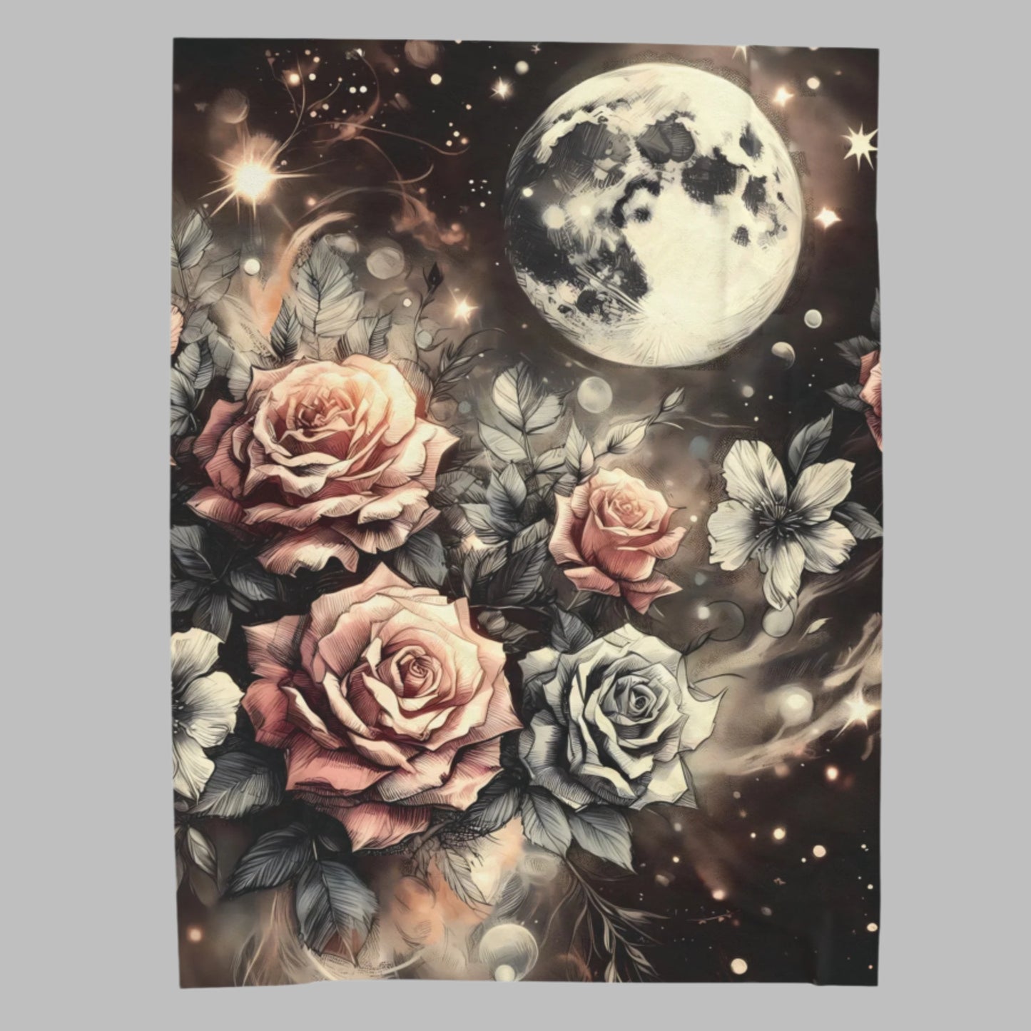 Velveteen Plush Blanket - Vintage Rose Garden Celestial Moon Print