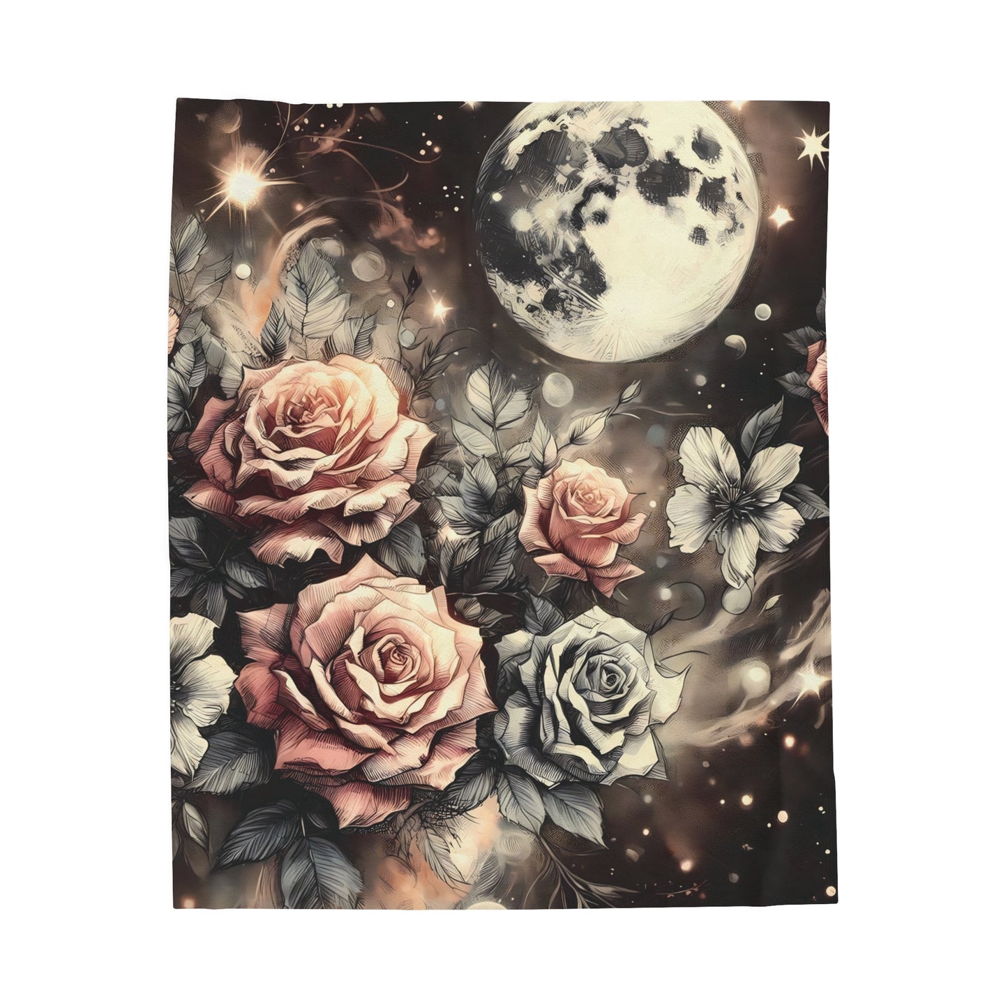 Velveteen Plush Blanket - Vintage Rose Garden Celestial Moon Print