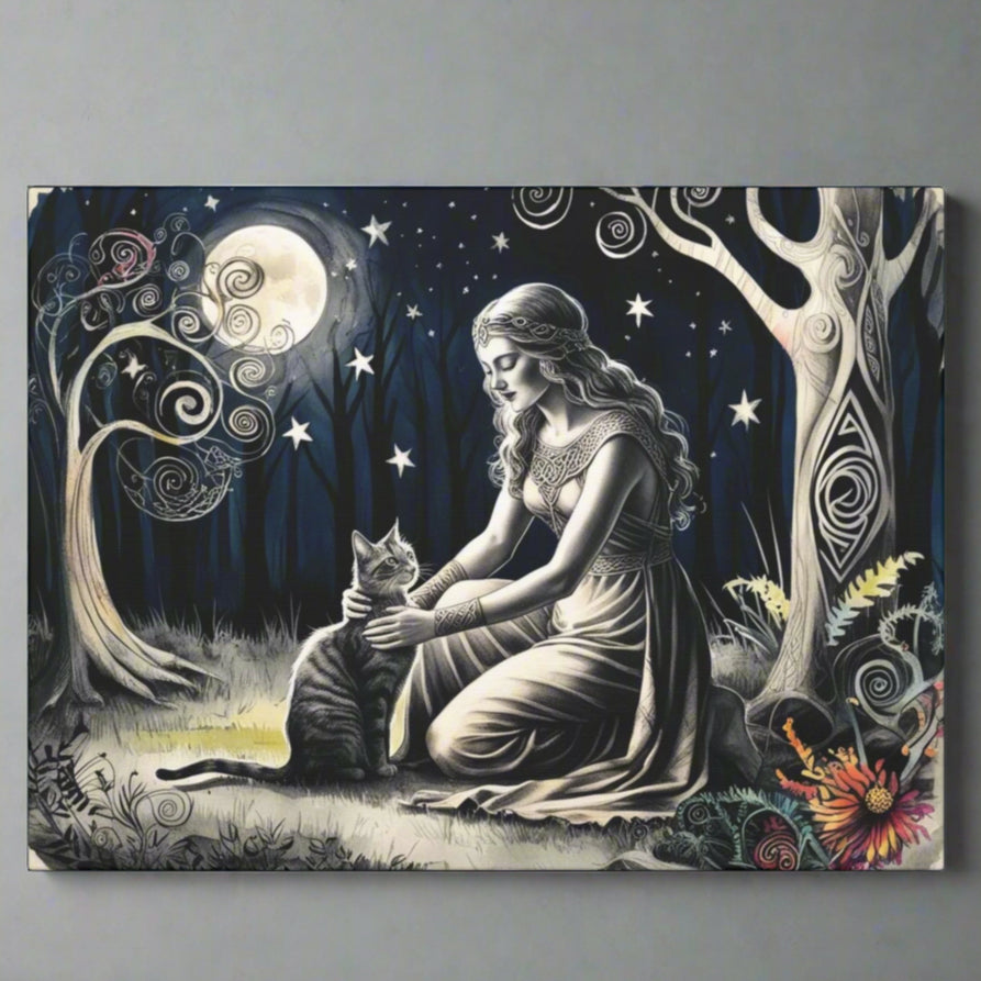Cat & Moon Forest Canvas – Enchanted Wall Art for Nature Lovers