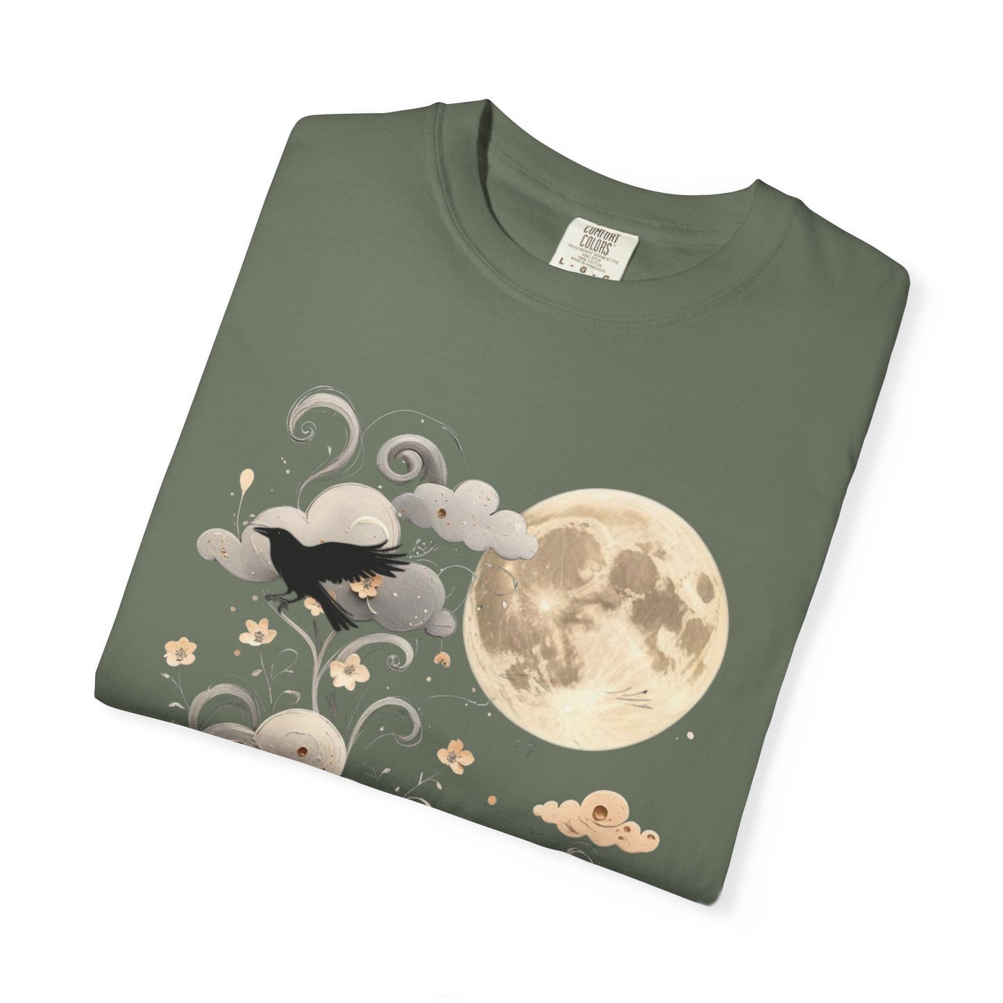 Moonlit Crow Comfort Colors T-Shirt, Halloween Mystical Raven Shirt, Dark Nature Art Tee, Cloud and Moon Graphic, Soft Cotton Witchy T-Shirt