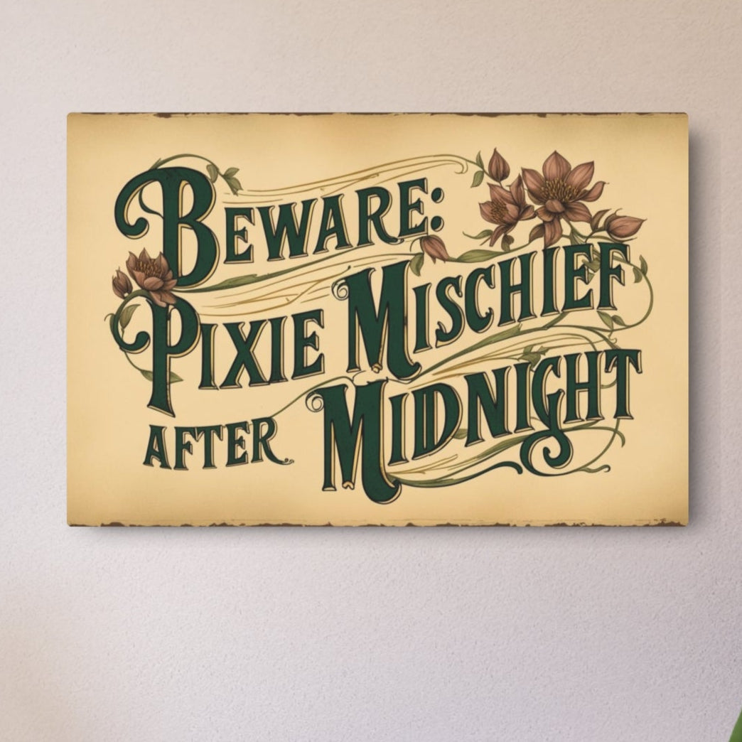 Metal Wall Art - Whimsical "Beware: Pixie Mischief After Midnight" Vintage Victorian Style Large Metal Art Sign for Fairy Lovers