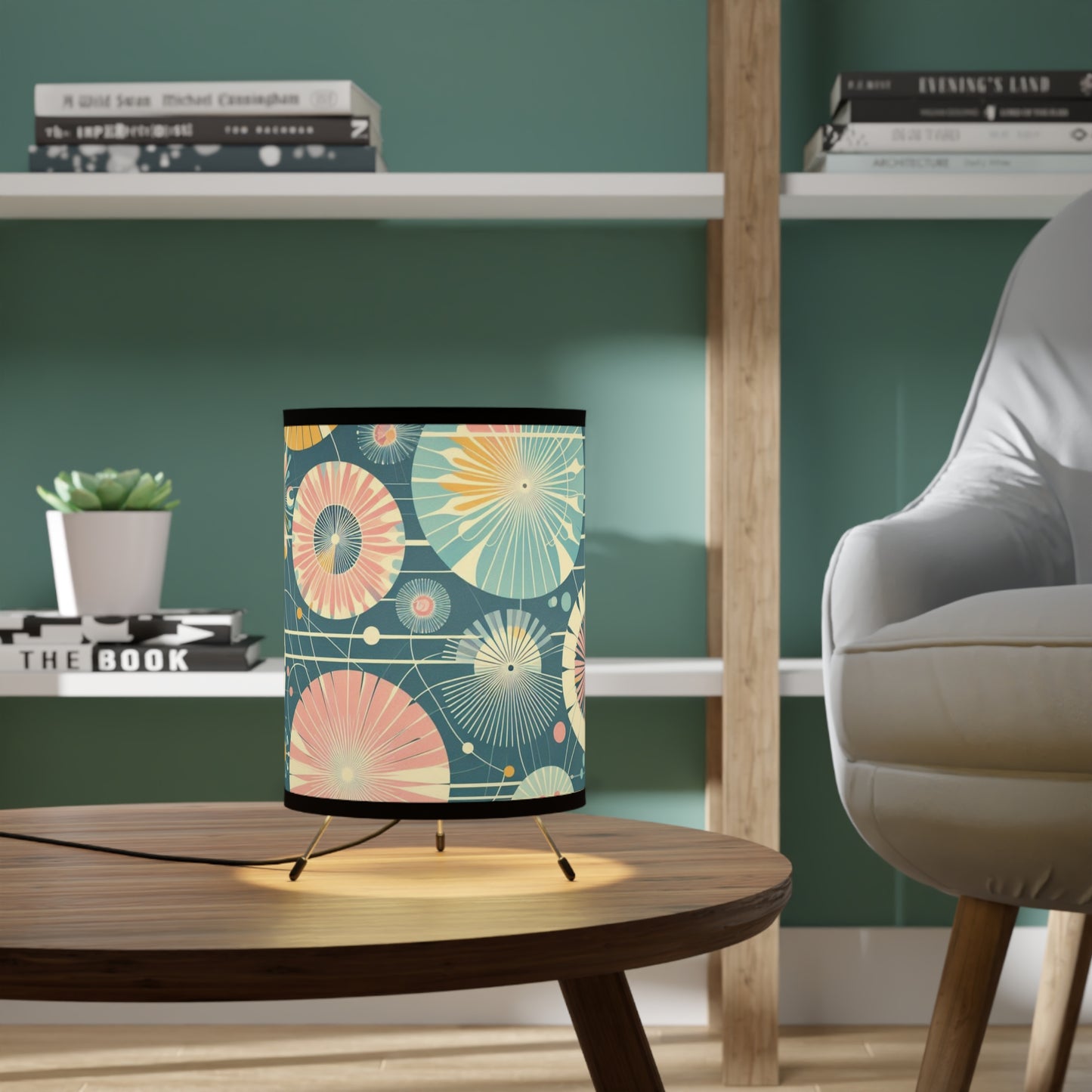 Tripod Table Lamp - Retro Dandelions Over Dark Teal
