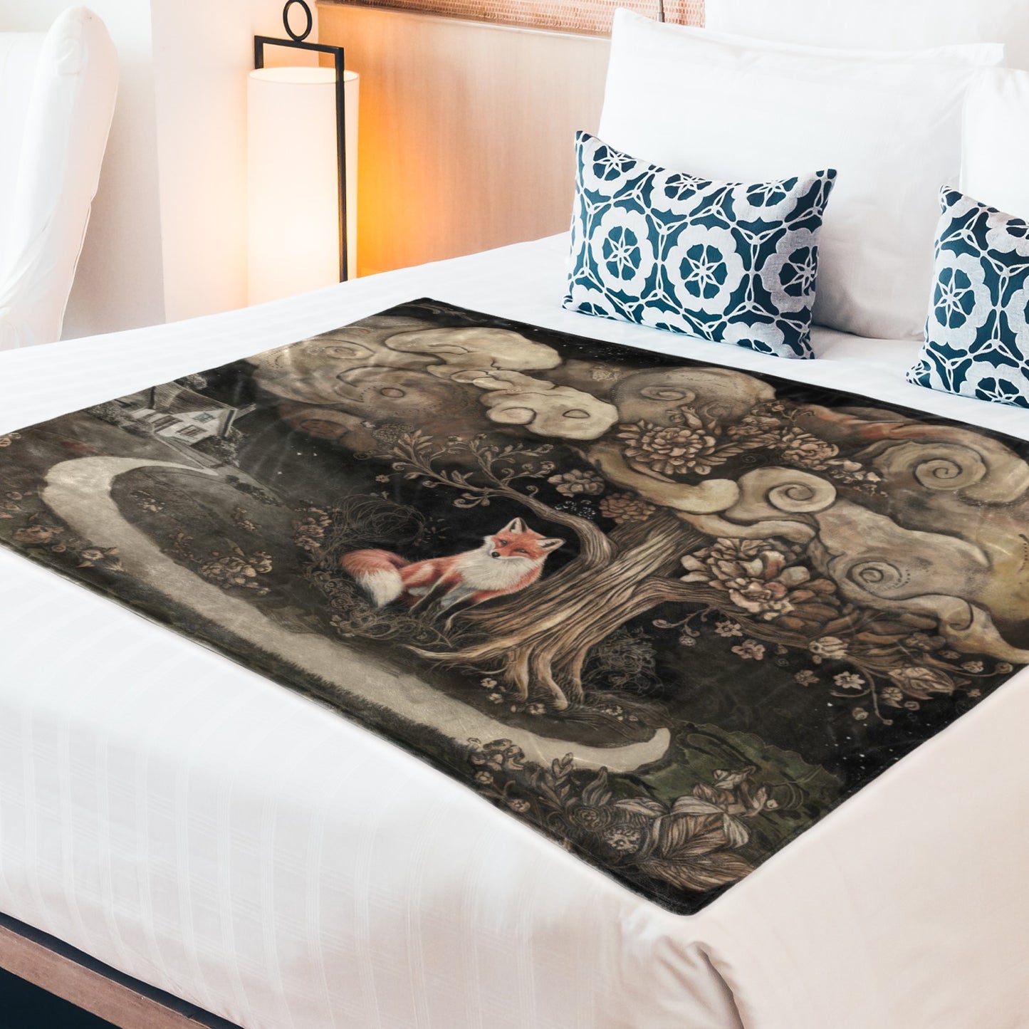 Whimsical Fox Under Moonlit Tree | Dark Cottagecore 60x50 Fleece Throw Blanket