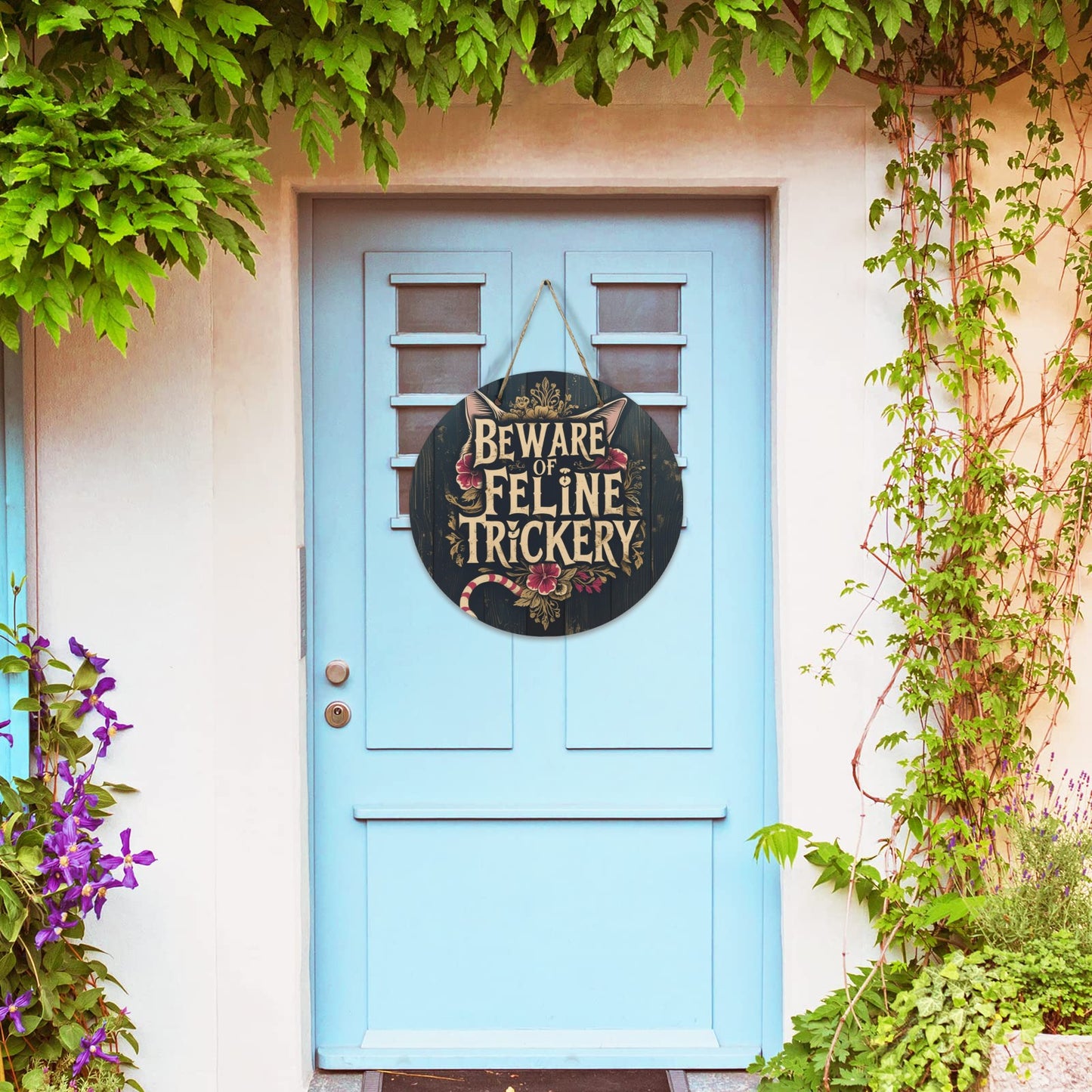 Beware of Feline Trickery Round Wooden Sign | Cat Lover Wall Decor