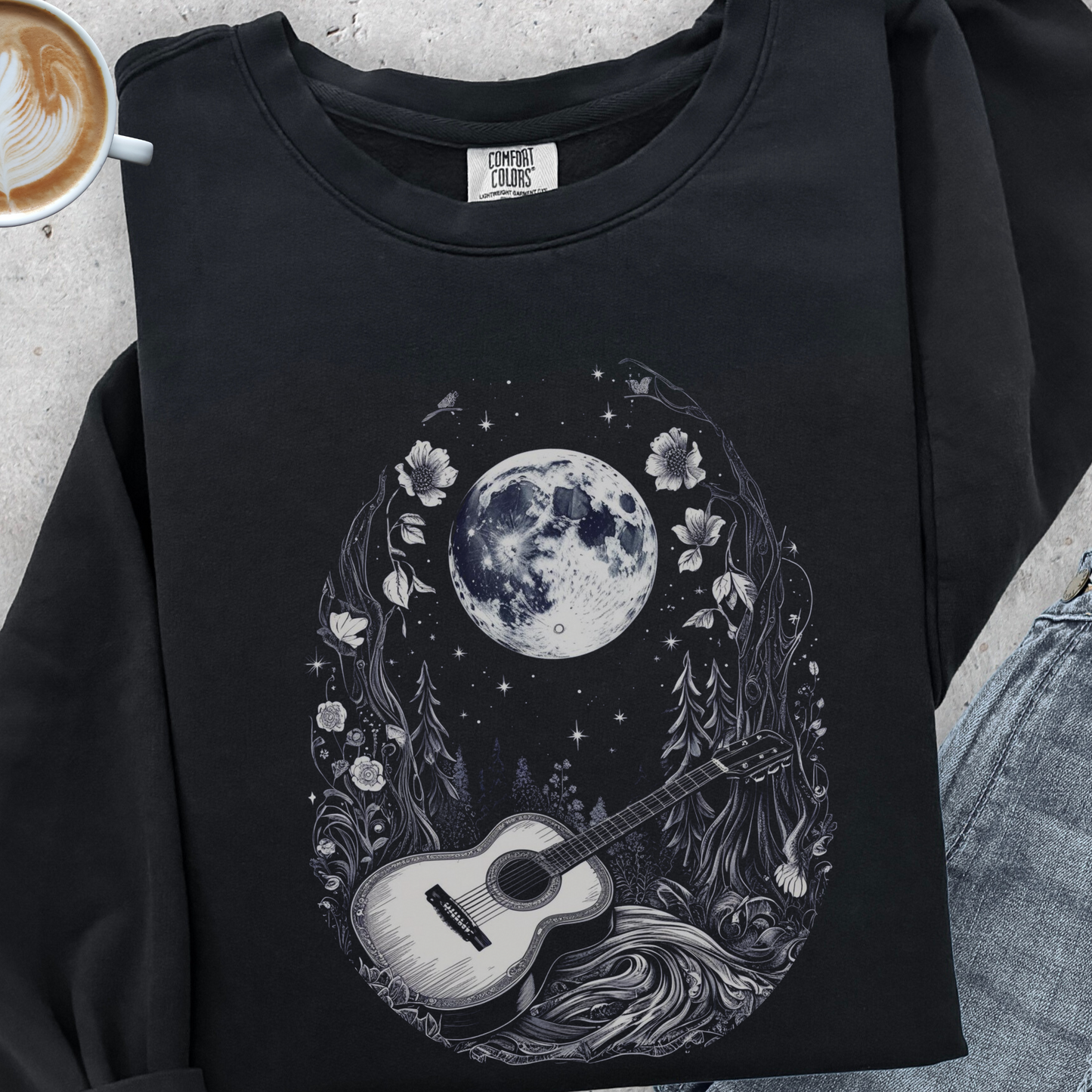 Moonlit Guitar Sweatshirt | Comfort Colors Crewneck | Forest Music Art