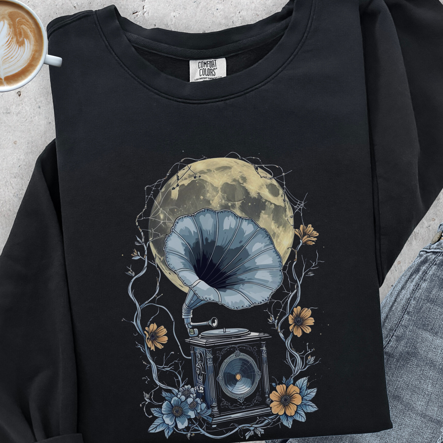 Moonlight Serenade Sweatshirt | Gramophone & Full Moon Design | Comfort Colors Crewneck