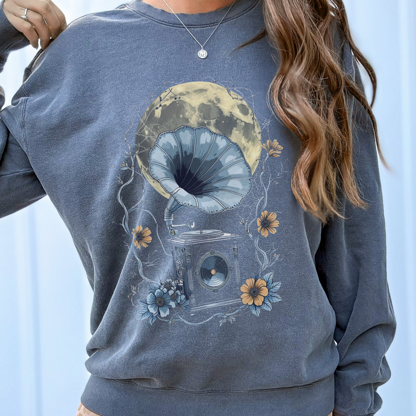 Moonlight Serenade Sweatshirt | Gramophone & Full Moon Design | Comfort Colors Crewneck