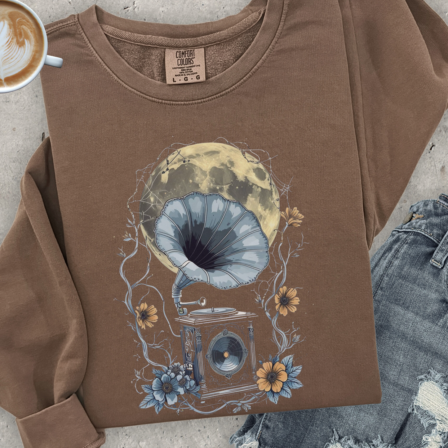 Moonlight Serenade Sweatshirt | Gramophone & Full Moon Design | Comfort Colors Crewneck