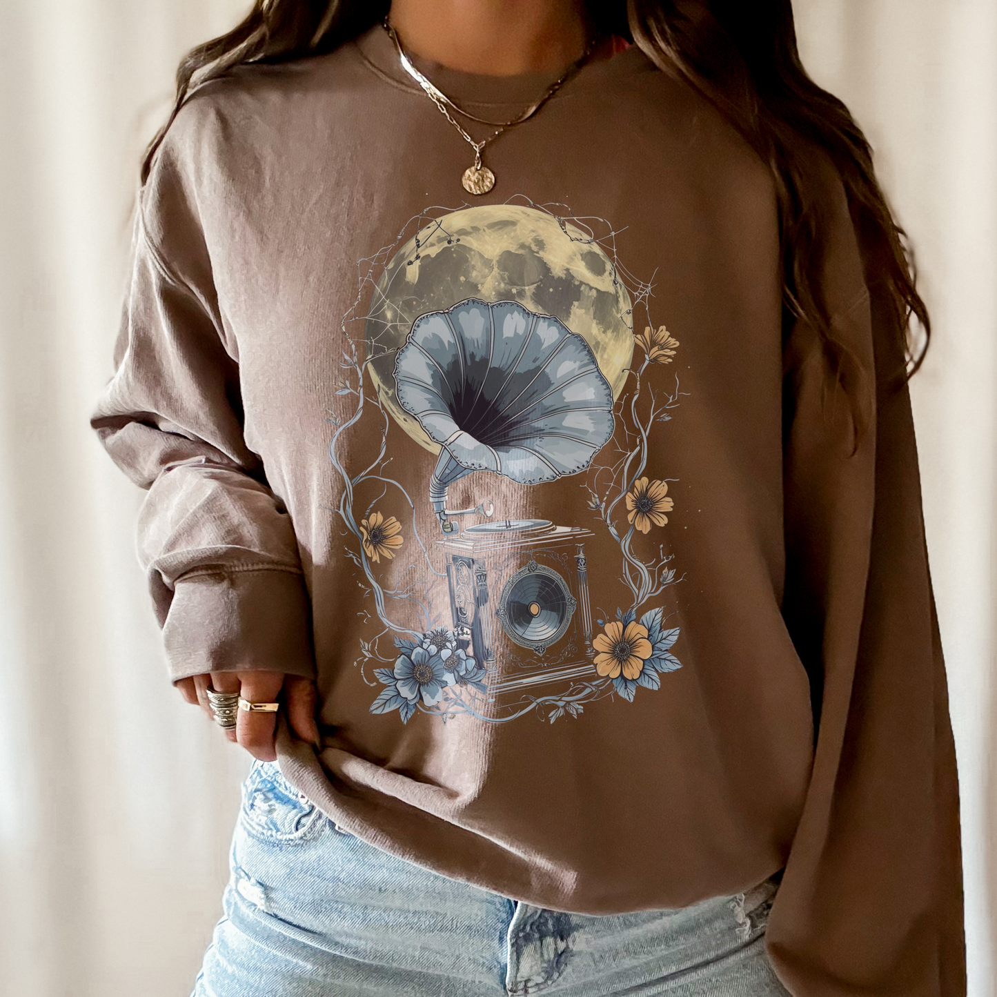 Moonlight Serenade Sweatshirt | Gramophone & Full Moon Design | Comfort Colors Crewneck