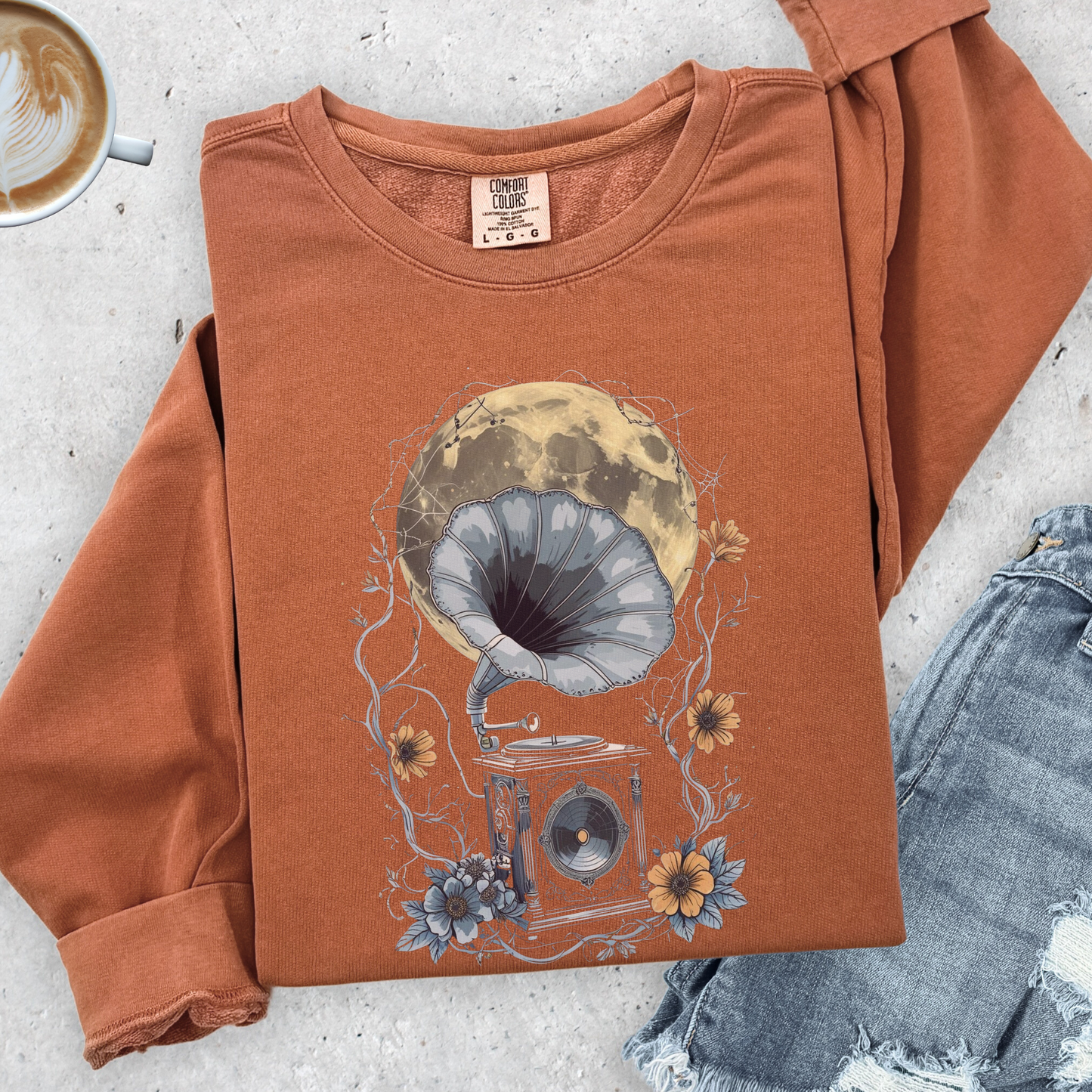 Moonlight Serenade Sweatshirt | Gramophone & Full Moon Design | Comfort Colors Crewneck