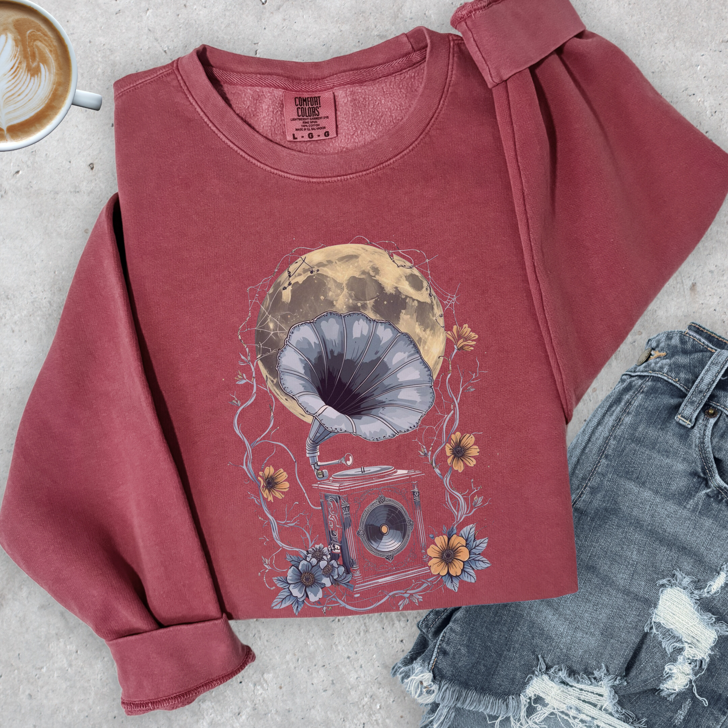 Moonlight Serenade Sweatshirt | Gramophone & Full Moon Design | Comfort Colors Crewneck