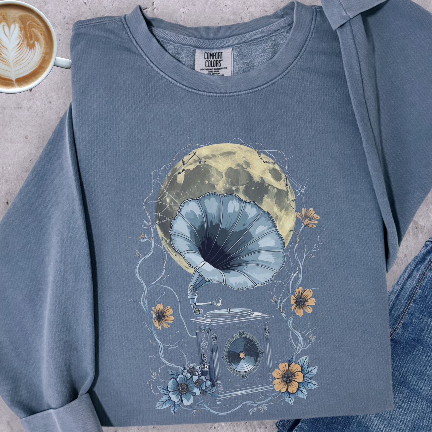 Moonlight Serenade Sweatshirt | Gramophone & Full Moon Design | Comfort Colors Crewneck