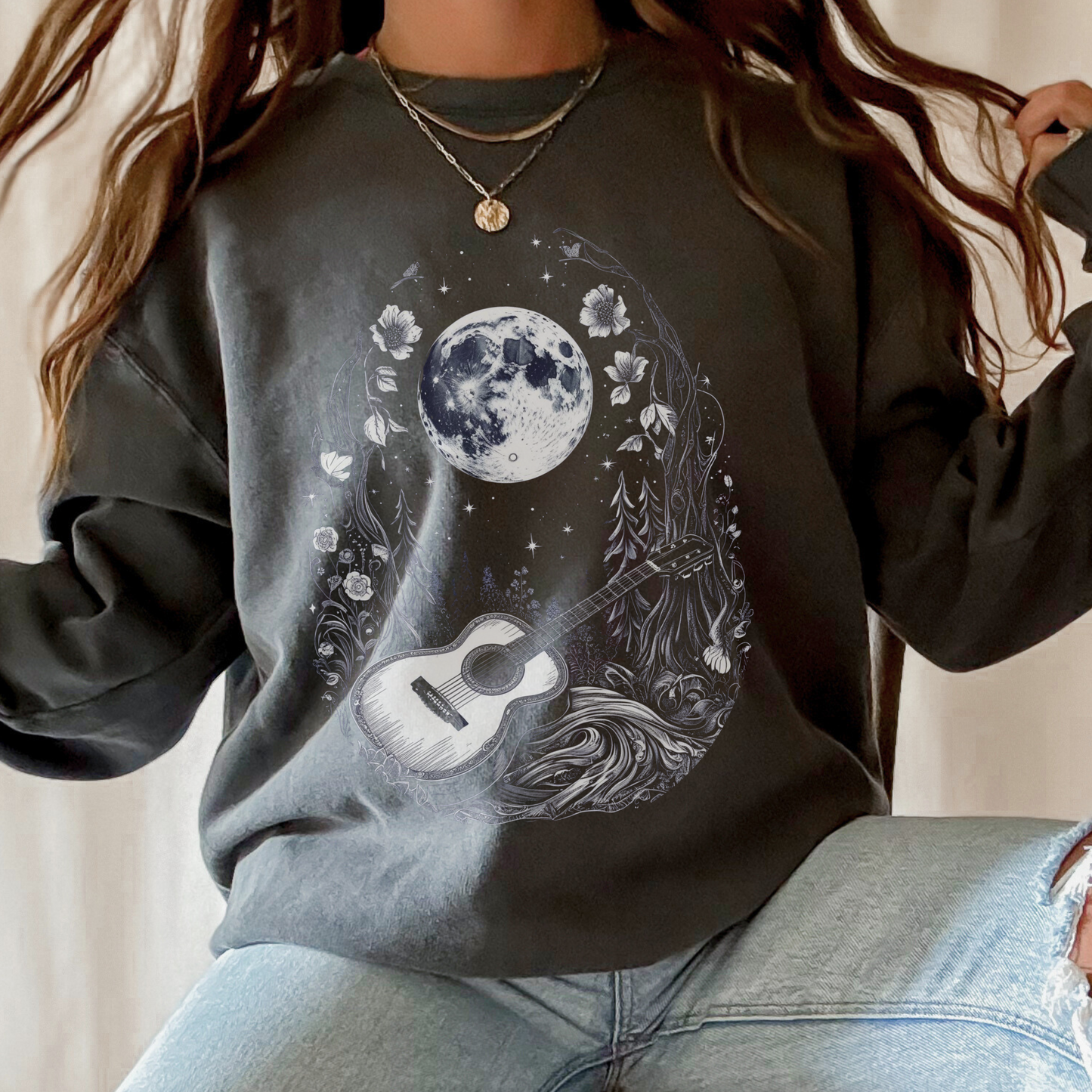 Moonlit Guitar Sweatshirt | Comfort Colors Crewneck | Forest Music Art