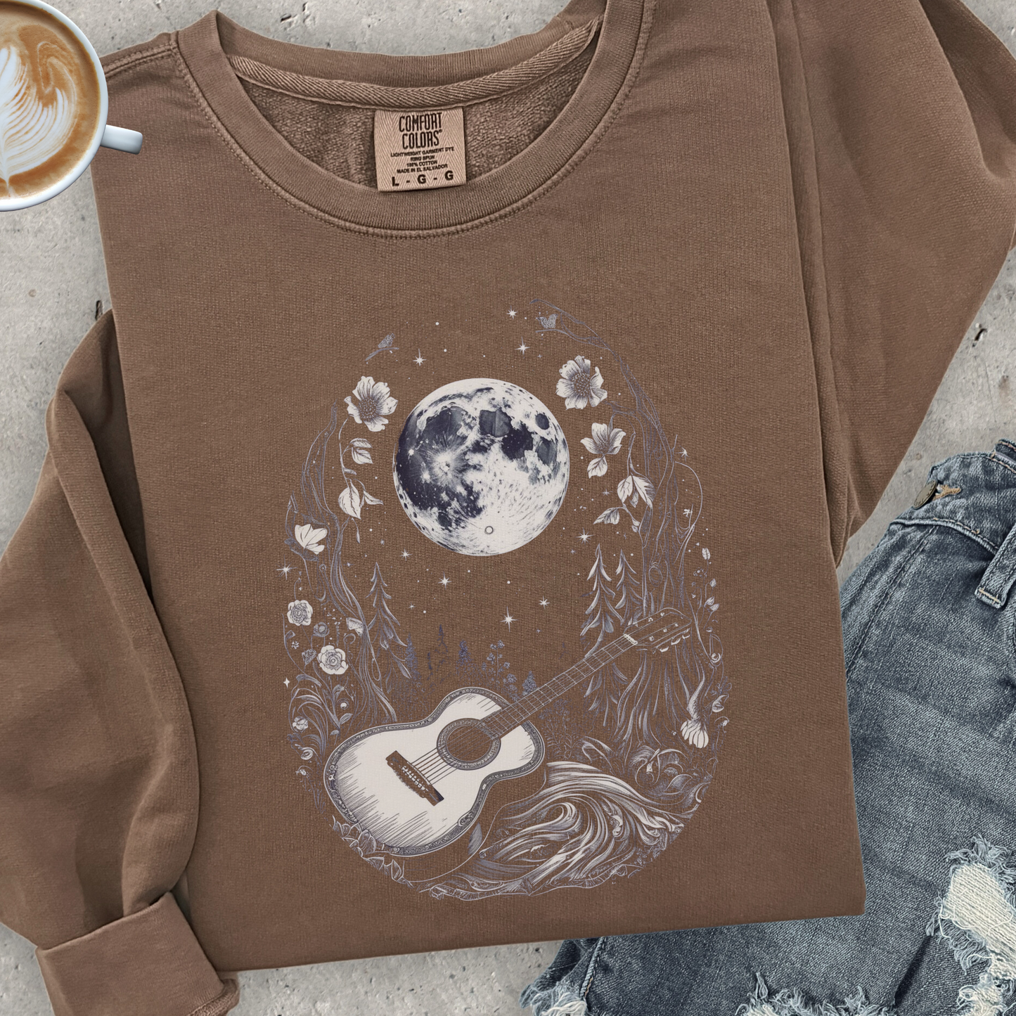 Moonlit Guitar Sweatshirt | Comfort Colors Crewneck | Forest Music Art