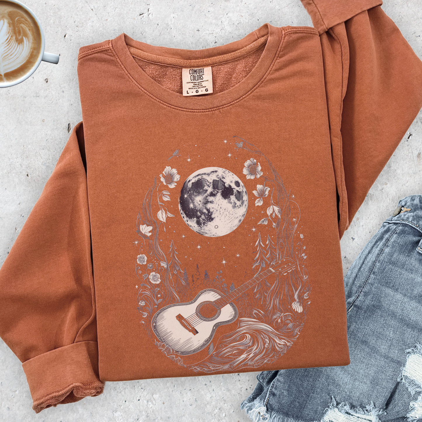 Moonlit Guitar Sweatshirt | Comfort Colors Crewneck | Forest Music Art
