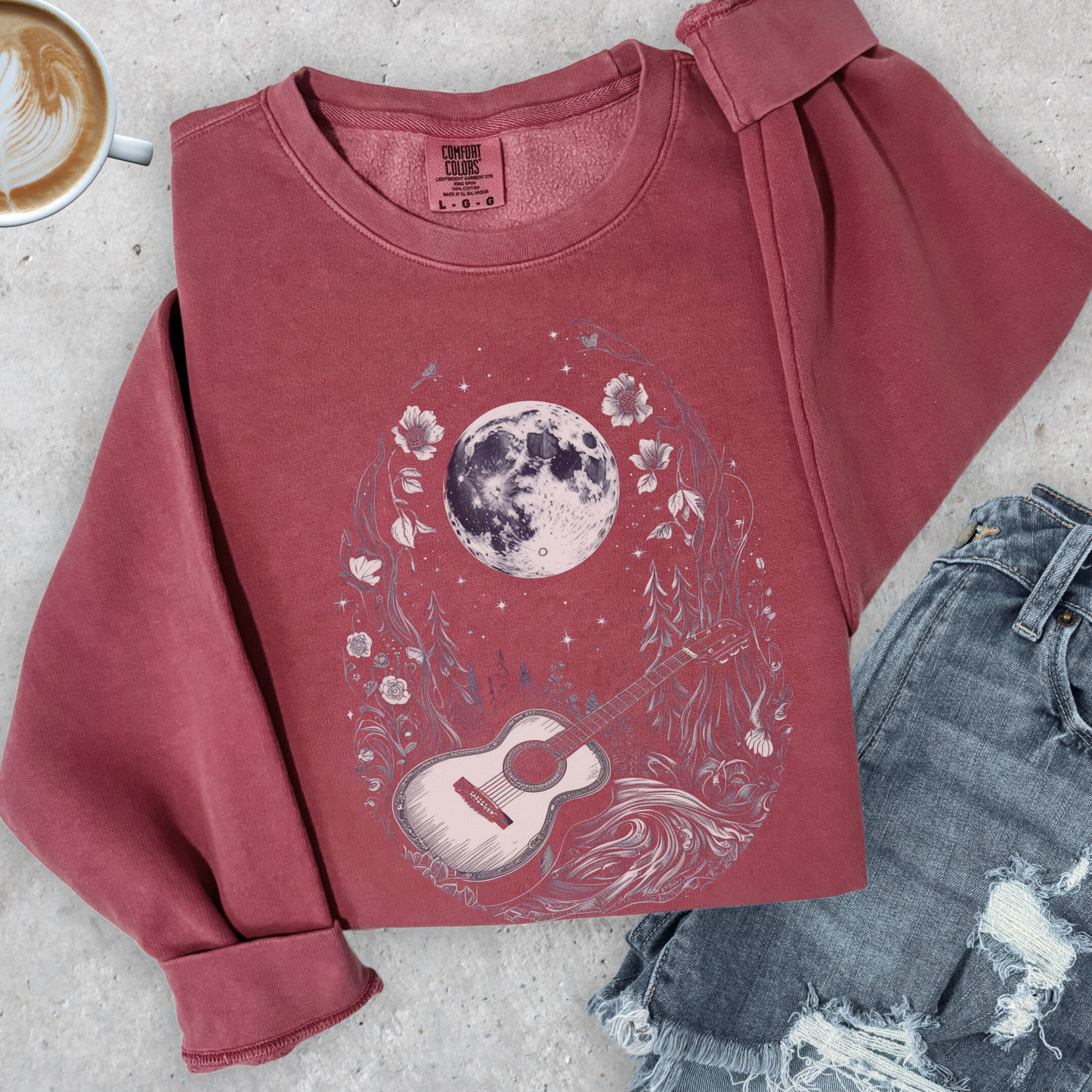 Moonlit Guitar Sweatshirt | Comfort Colors Crewneck | Forest Music Art