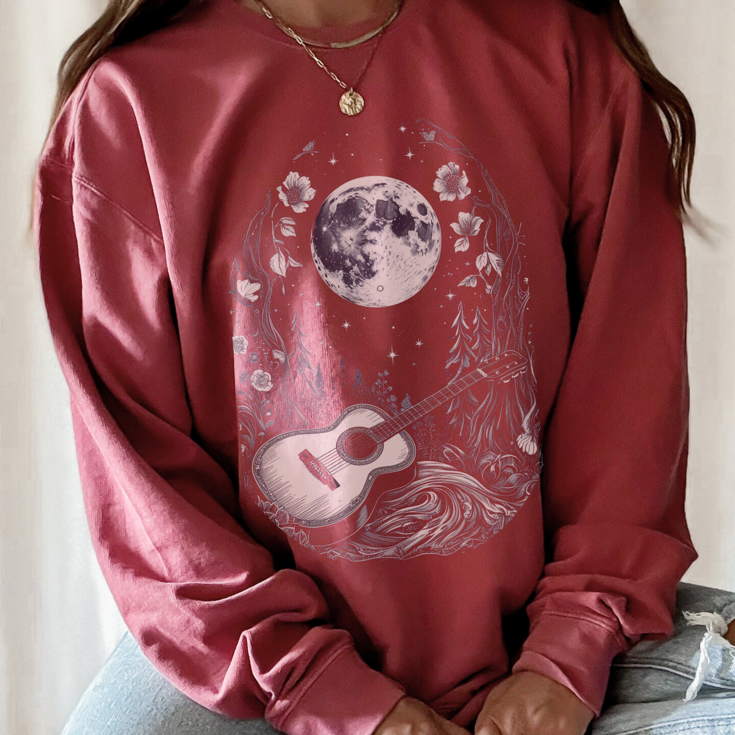 Moonlit Guitar Sweatshirt | Comfort Colors Crewneck | Forest Music Art