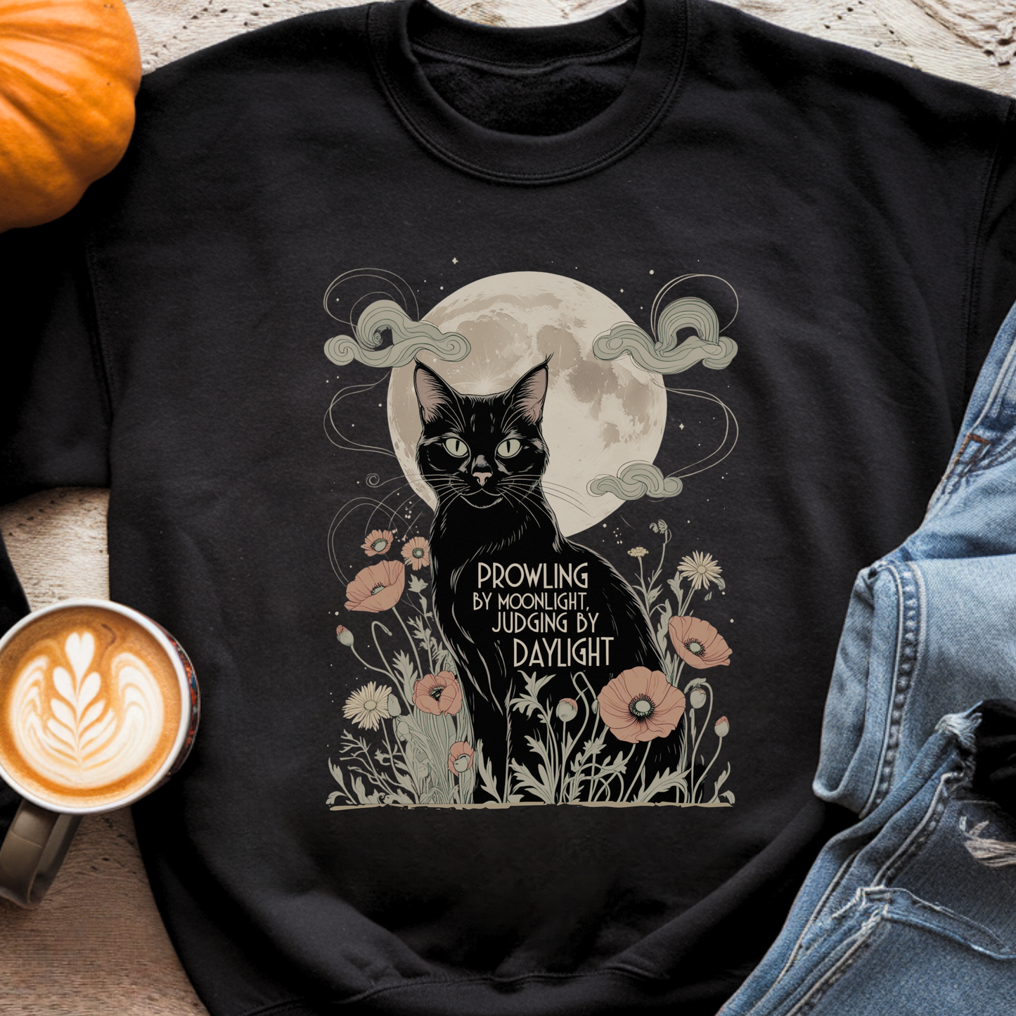 Prowling by Moonlight Judging by Daylight Sweatshirt | Black Cat Pullover | Mystical Moonlit Crewneck
