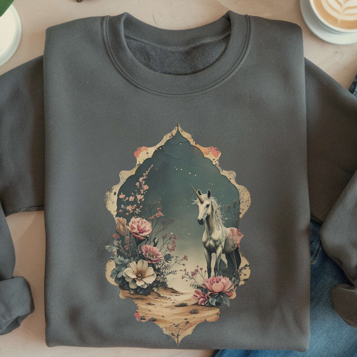Starry Desert Unicorn Sweatshirt | Mystical Fairytale Pullover | Moody Enchanted Fantasy Crewneck