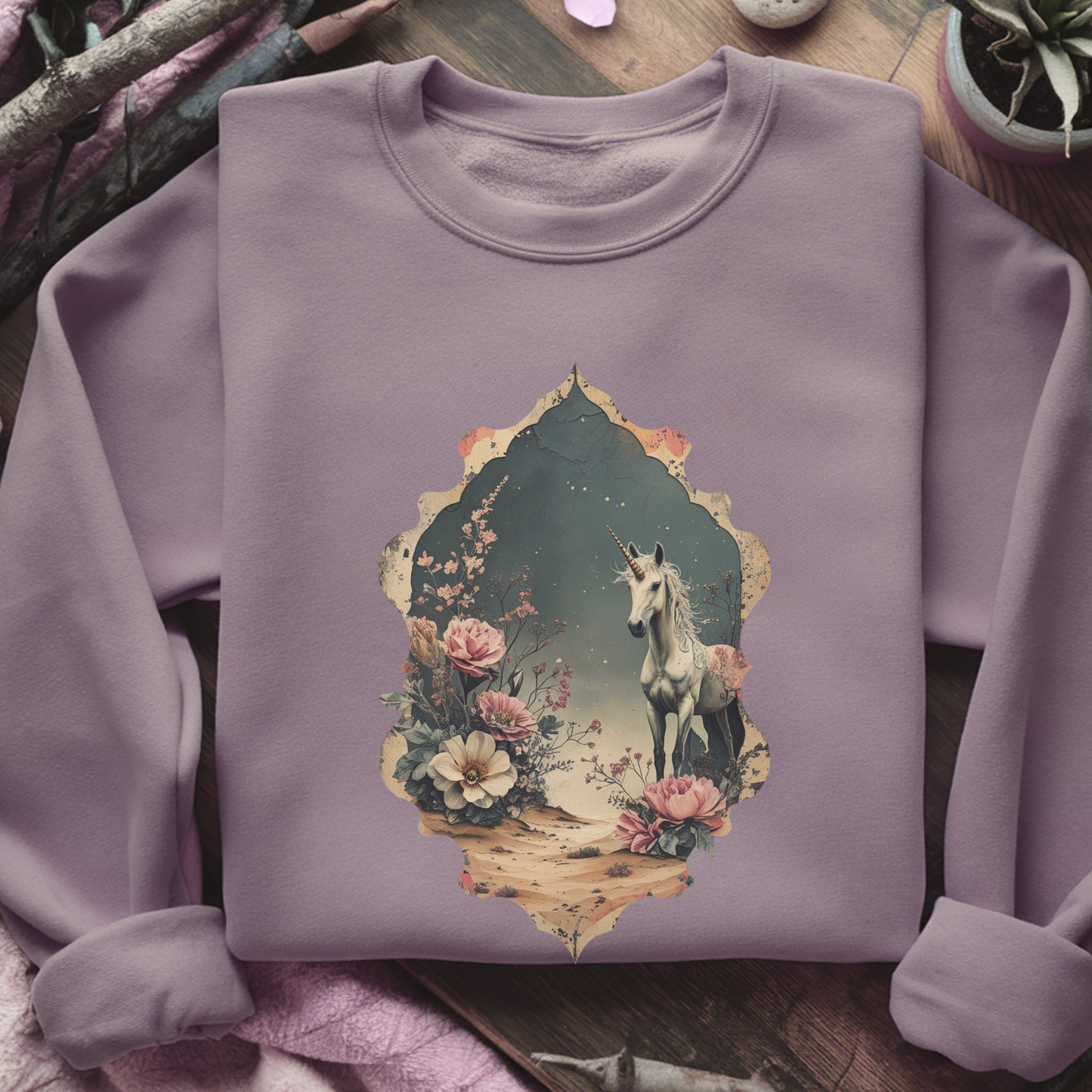 Starry Desert Unicorn Sweatshirt | Mystical Fairytale Pullover | Moody Enchanted Fantasy Crewneck