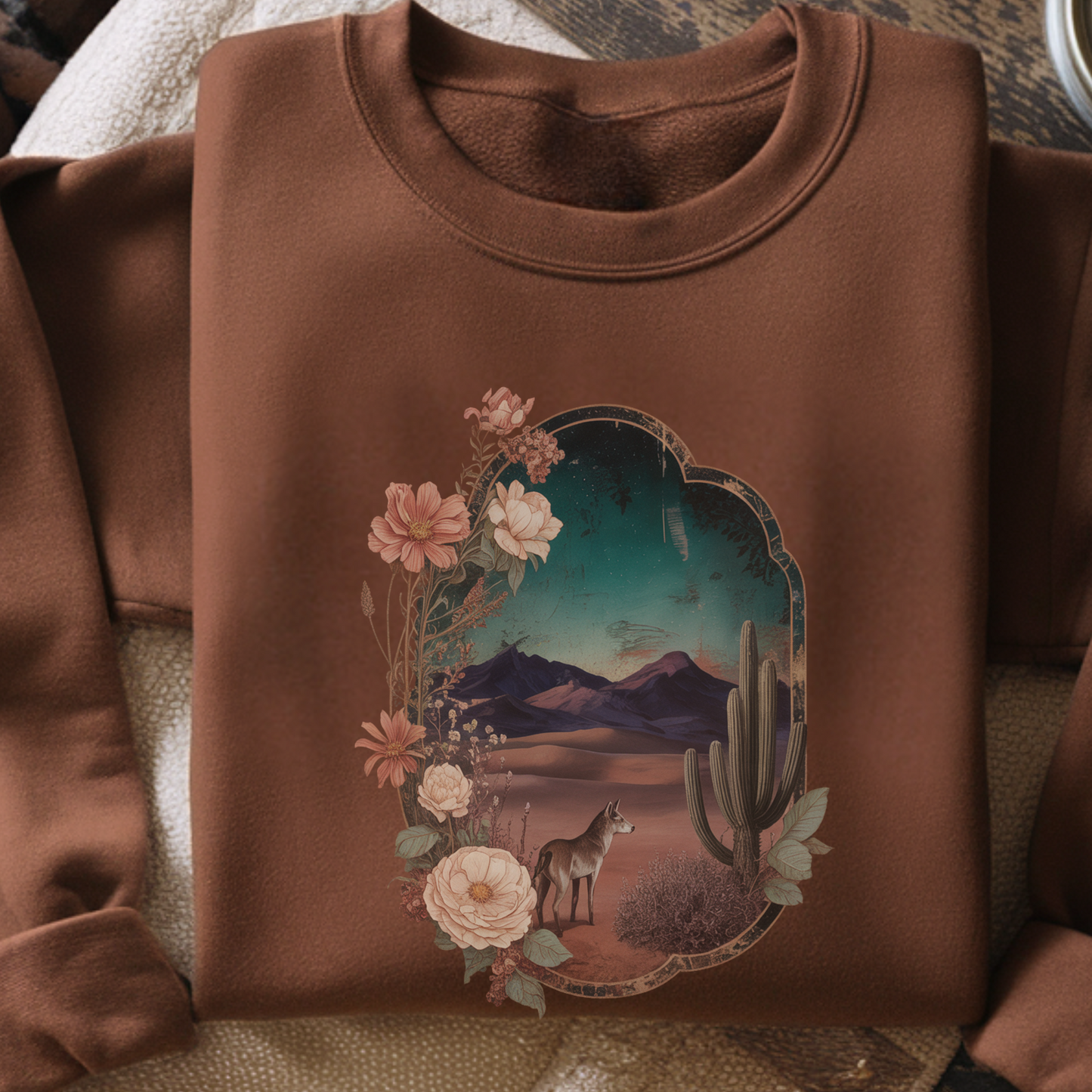 Desert Night Coyote Sweatshirt | Southwestern Floral Pullover