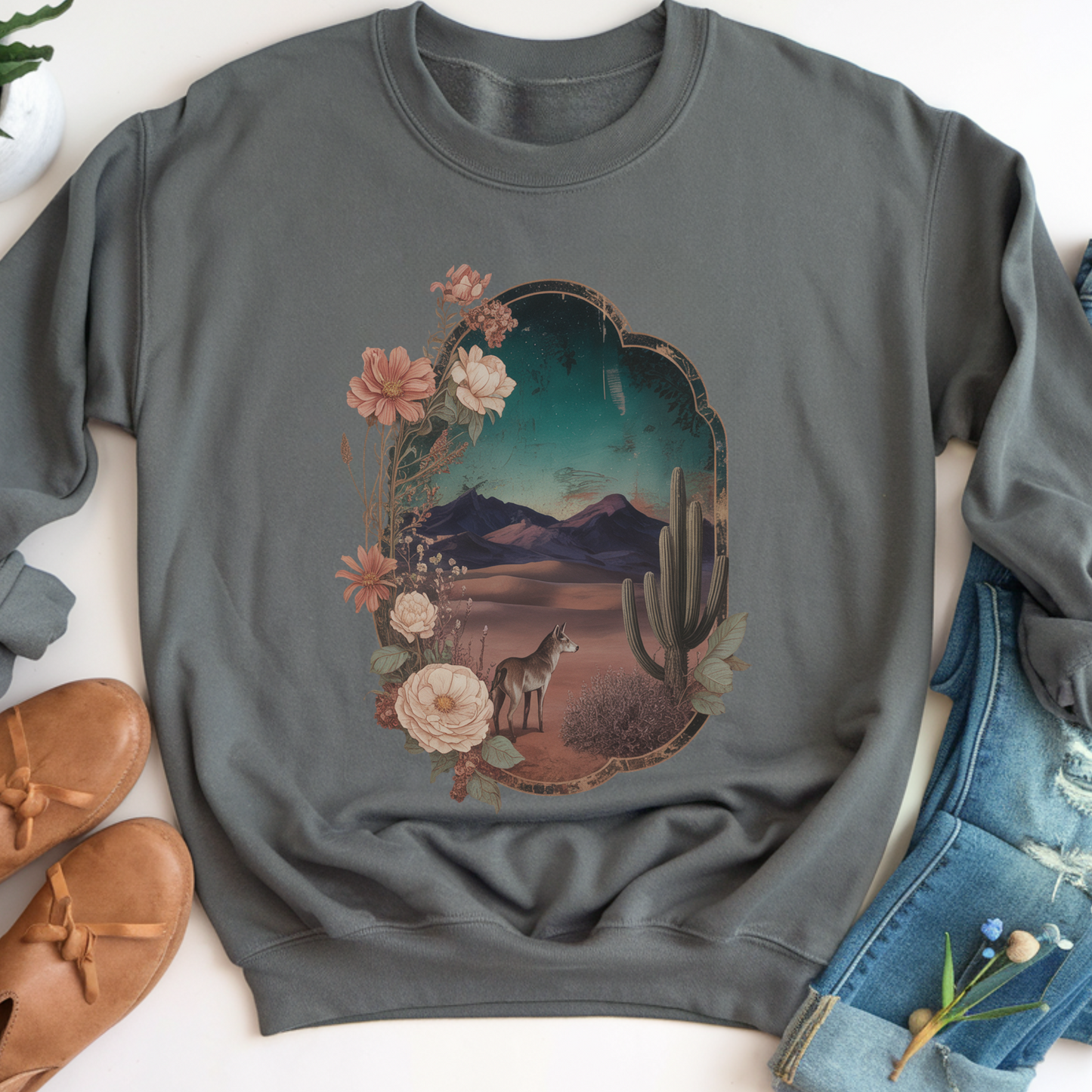 Desert Night Coyote Sweatshirt | Southwestern Floral Pullover