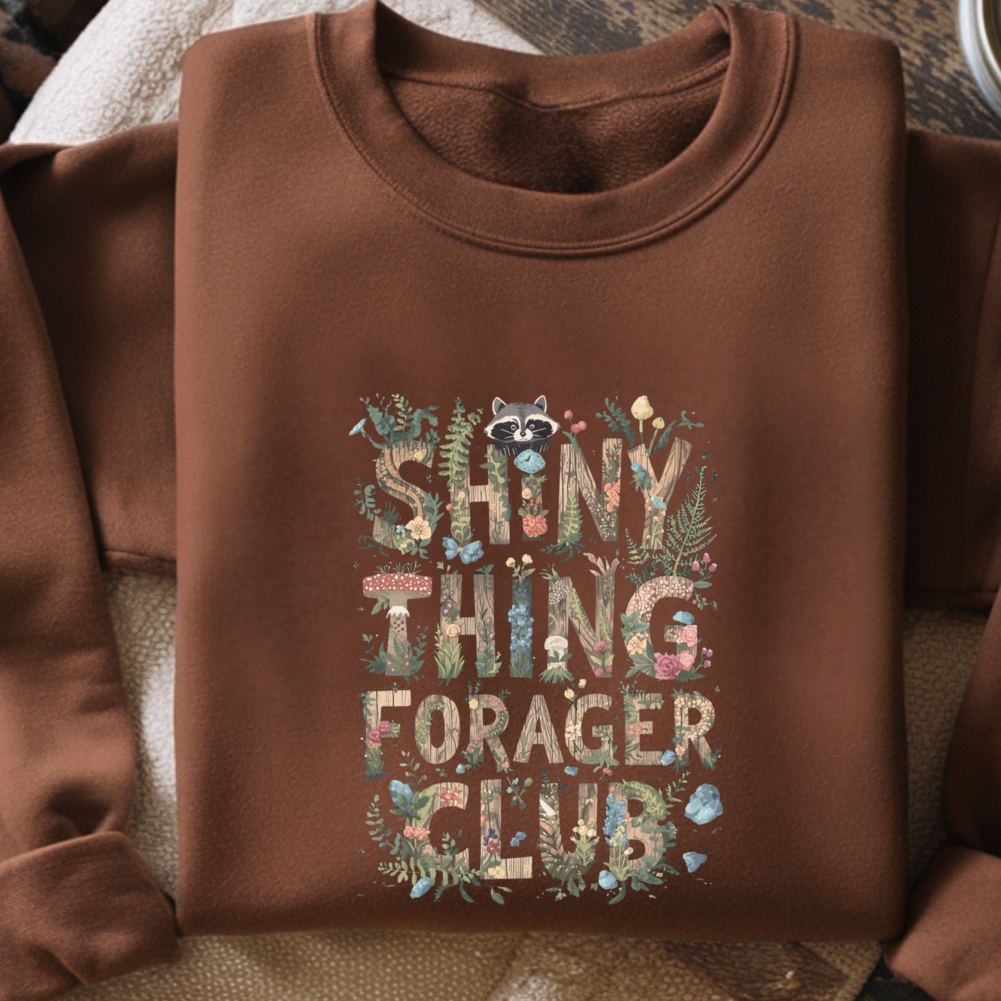 Shiny Thing Forager Club Sweatshirt | Whimsical Raccoon Pullover | Woodland Fantasy Crewneck