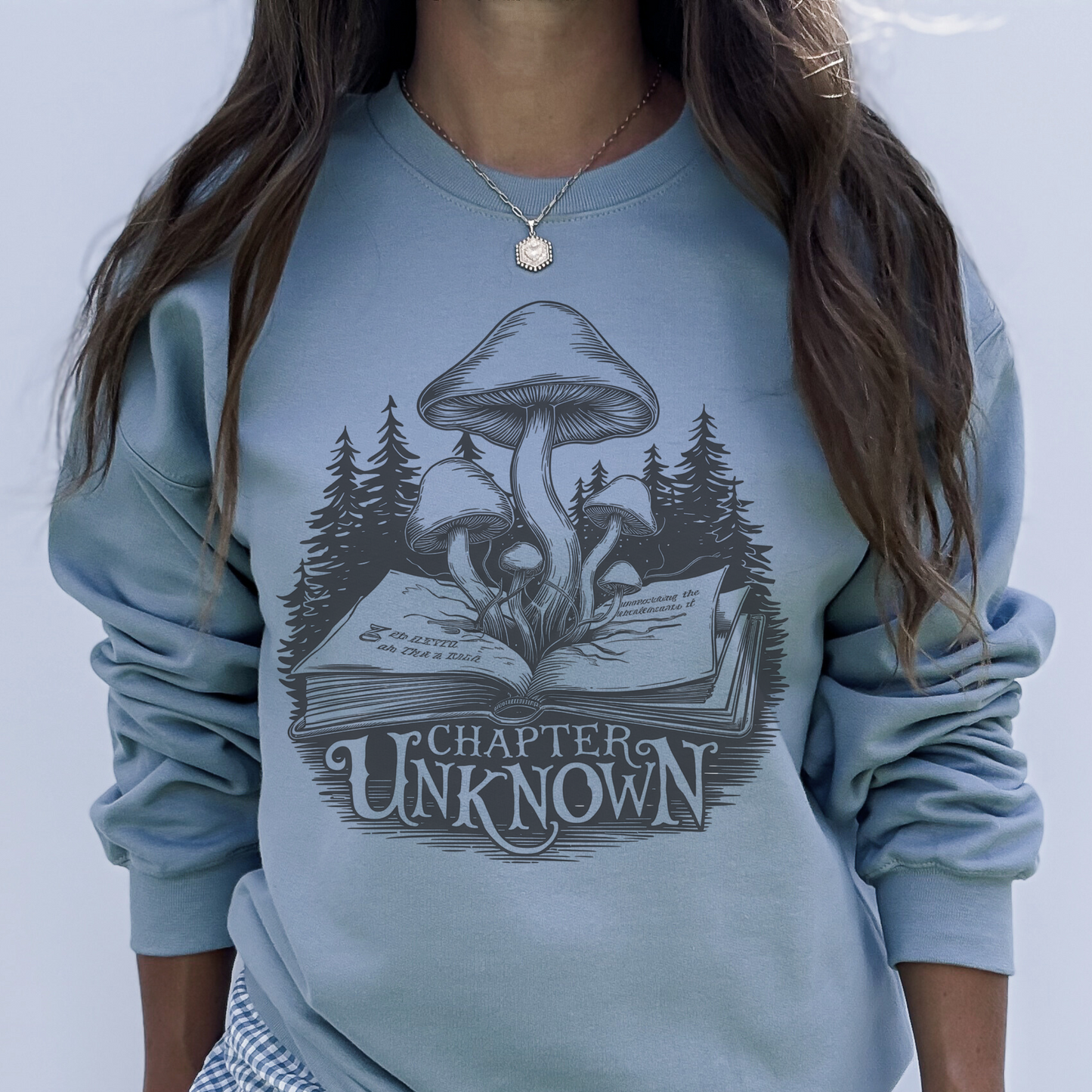 Mushroom Book Forest Sweatshirt | "Chapter Unknown" Mystical Literary Unisex Pullover