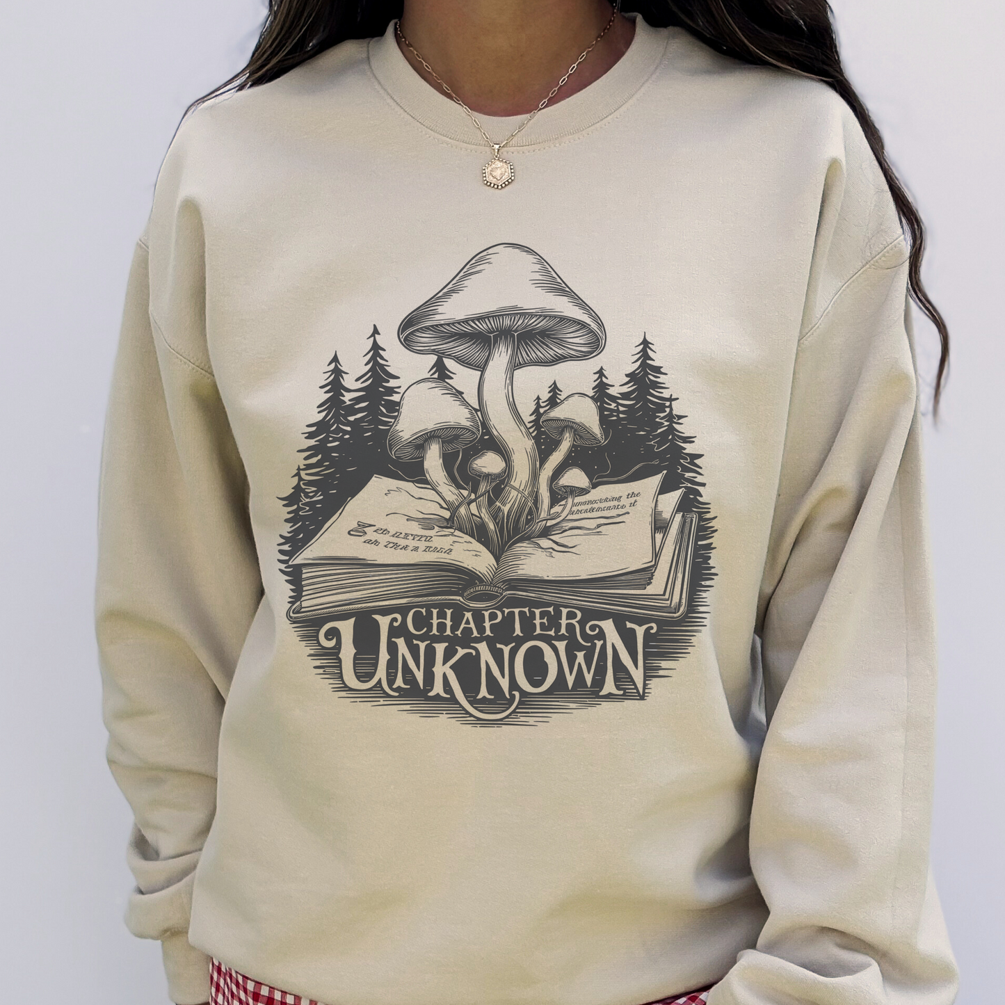Mushroom Book Forest Sweatshirt | "Chapter Unknown" Mystical Literary Unisex Pullover