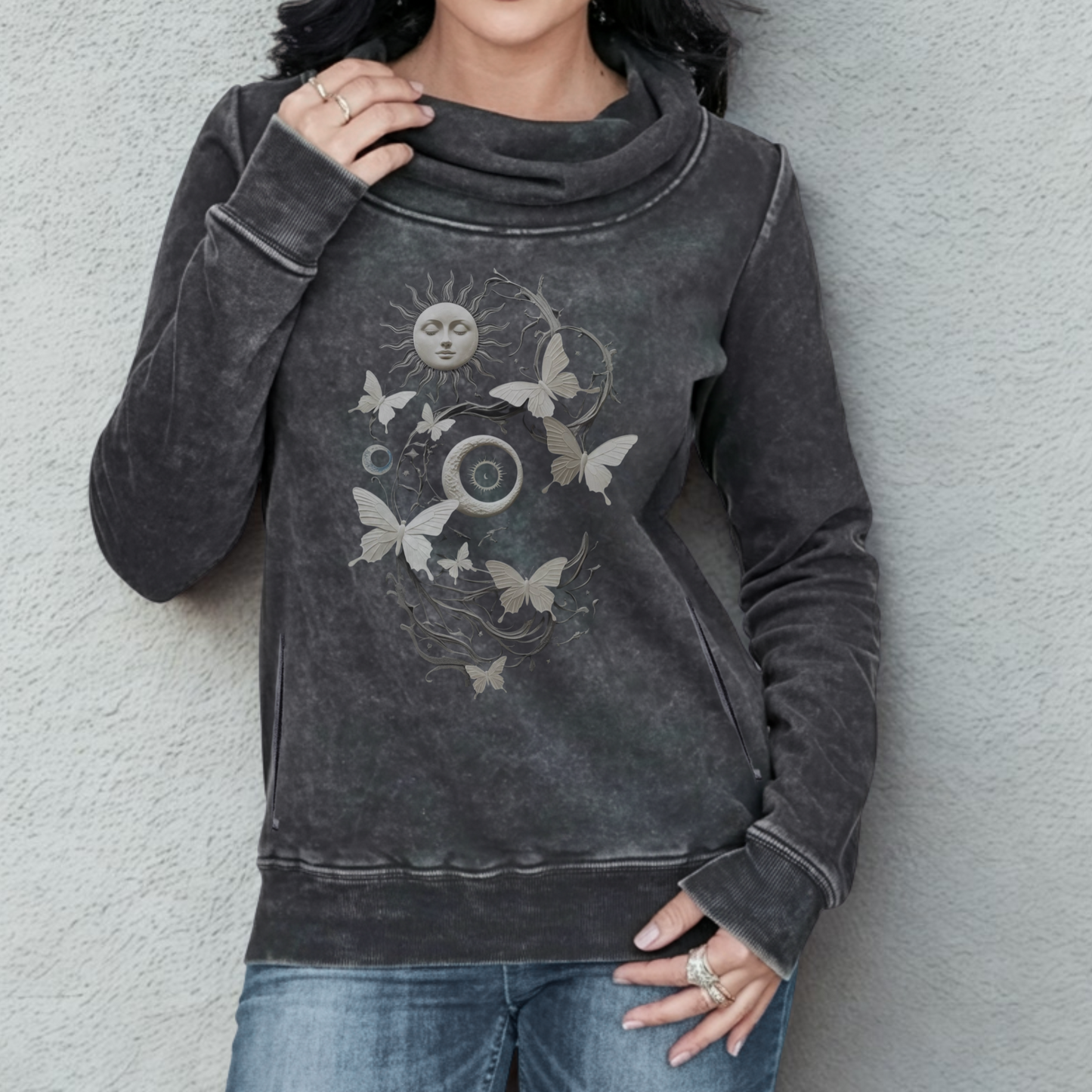 Celestial Sun, Moon, & Butterflies Acid Wash Sweatshirt | J America Ladies' Zen Fleece Cowl Neck
