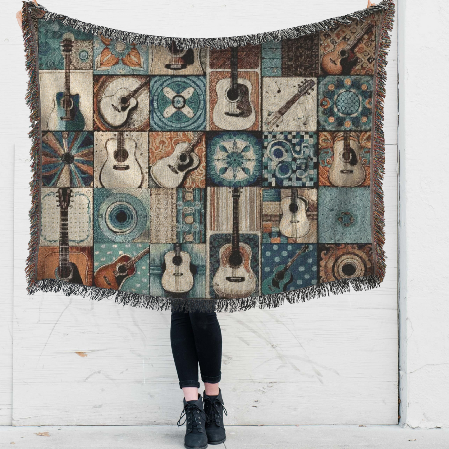 Woven Blanket - Acoustic Guitar Patchwork in Brown and Blue
