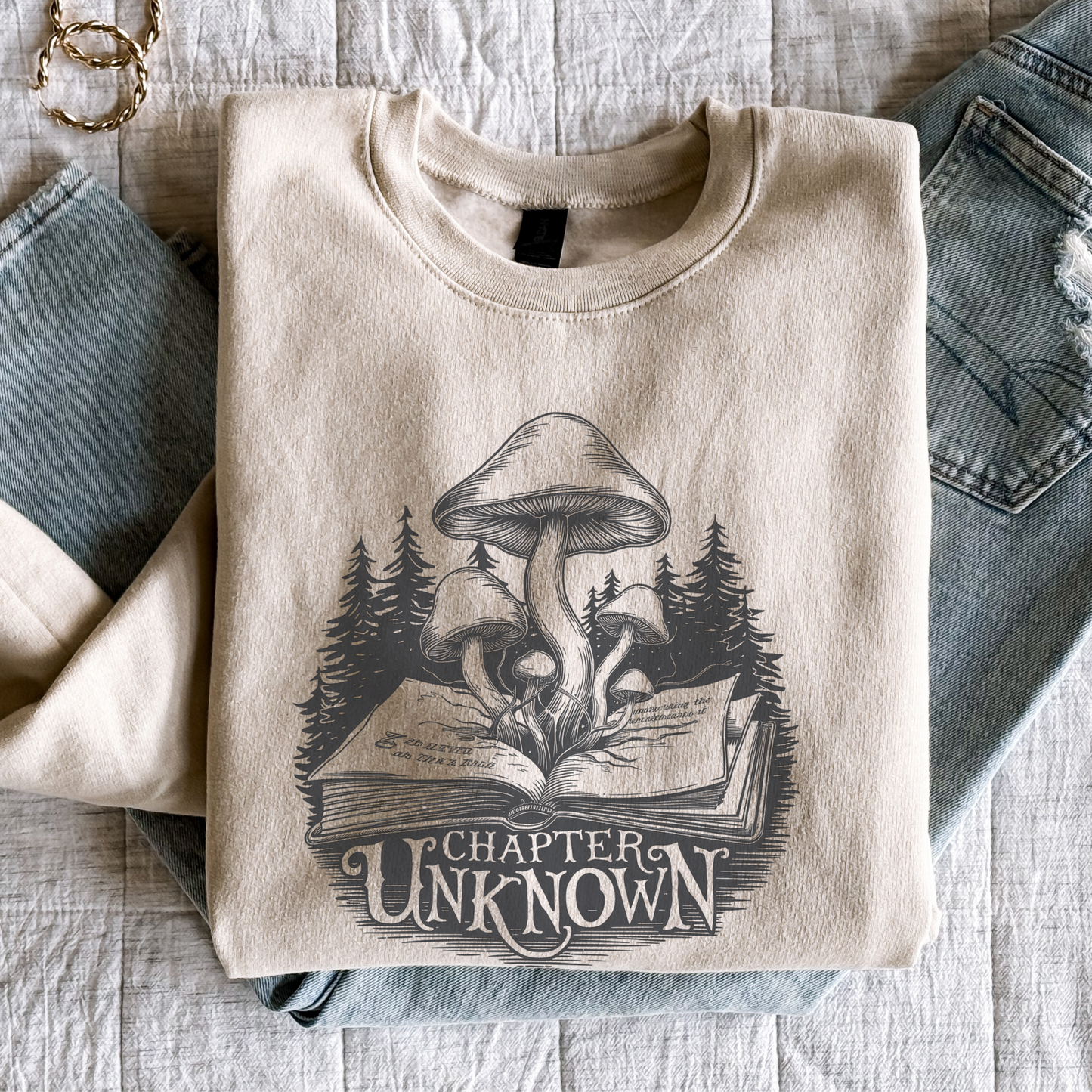 Mushroom Book Forest Sweatshirt | "Chapter Unknown" Mystical Literary Unisex Pullover