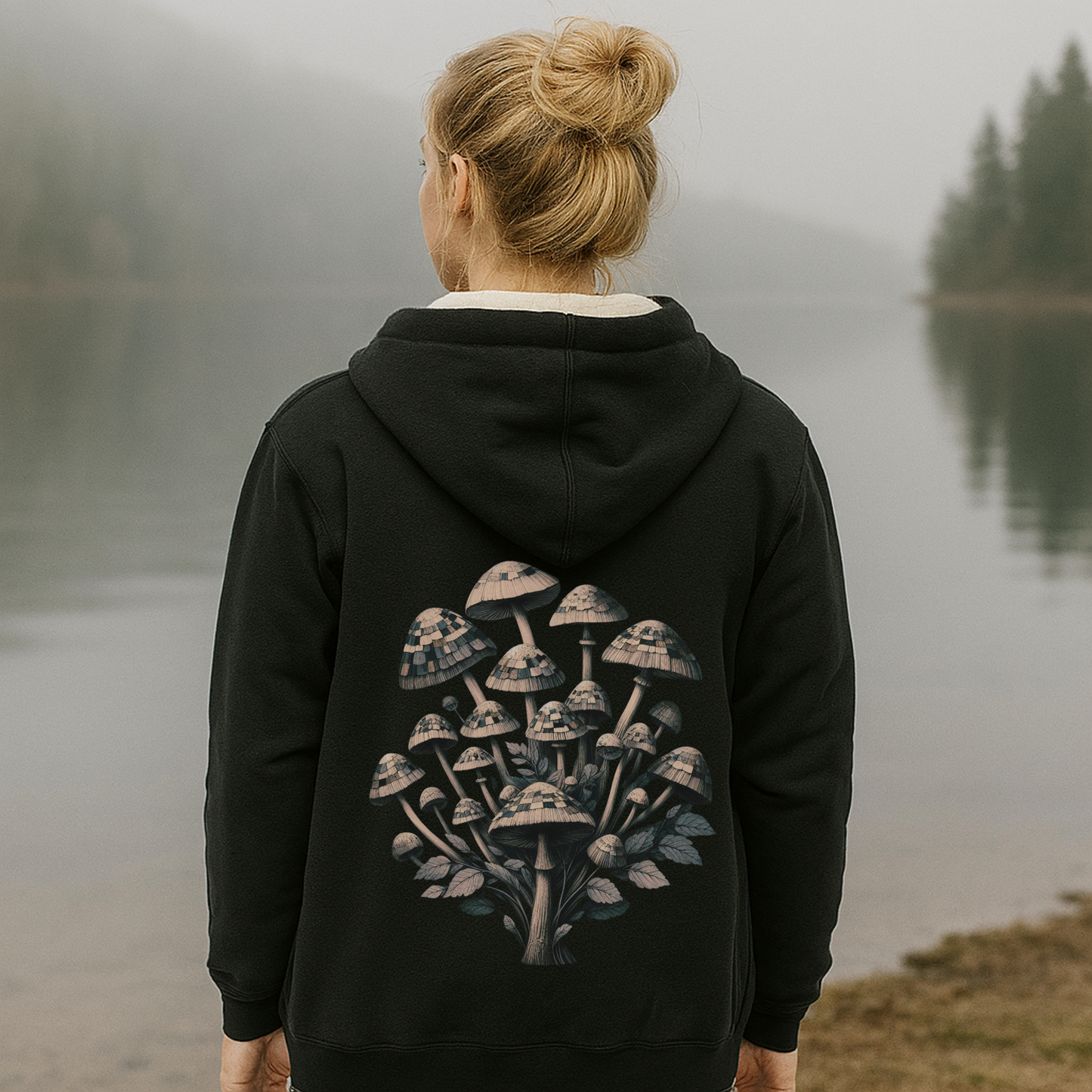 Checkerboard Mushroom Hoodie | Cozy Sherpa Zip-Up Jacket