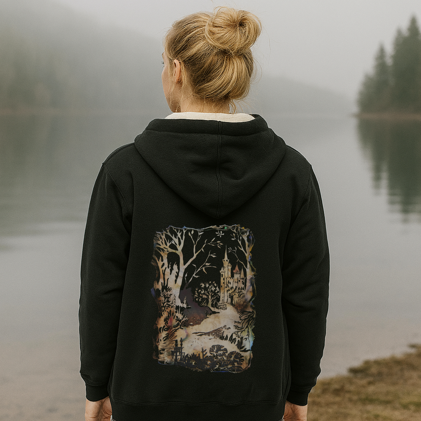 Enchanted Forest Hoodie | Fairytale Castle Sherpa Zip Jacket | Dreamy Black Hoodie