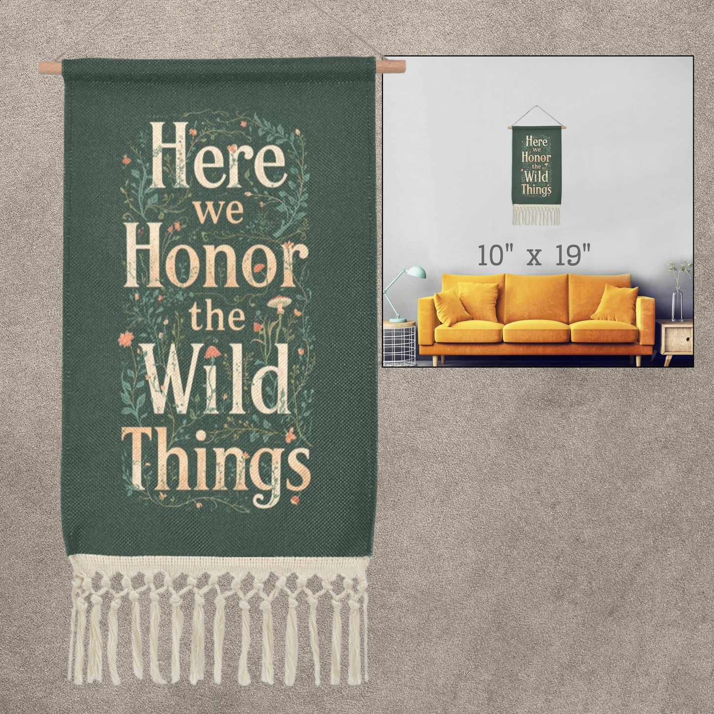 Botanical Linen Hanging Poster | Woodland Quote, Wooden Scroll & Fringe Tapestry
