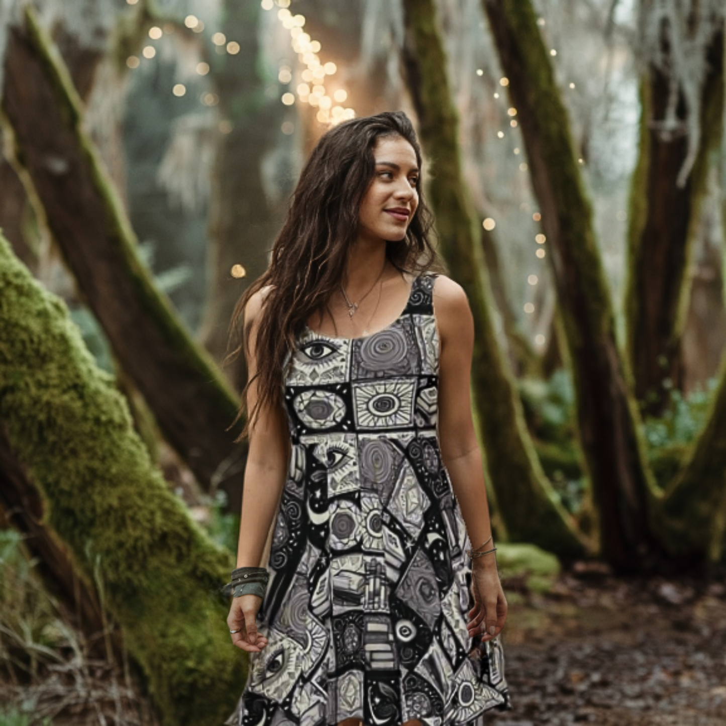 Skater Dress - Back & White Esoterica Celestial Patchwork