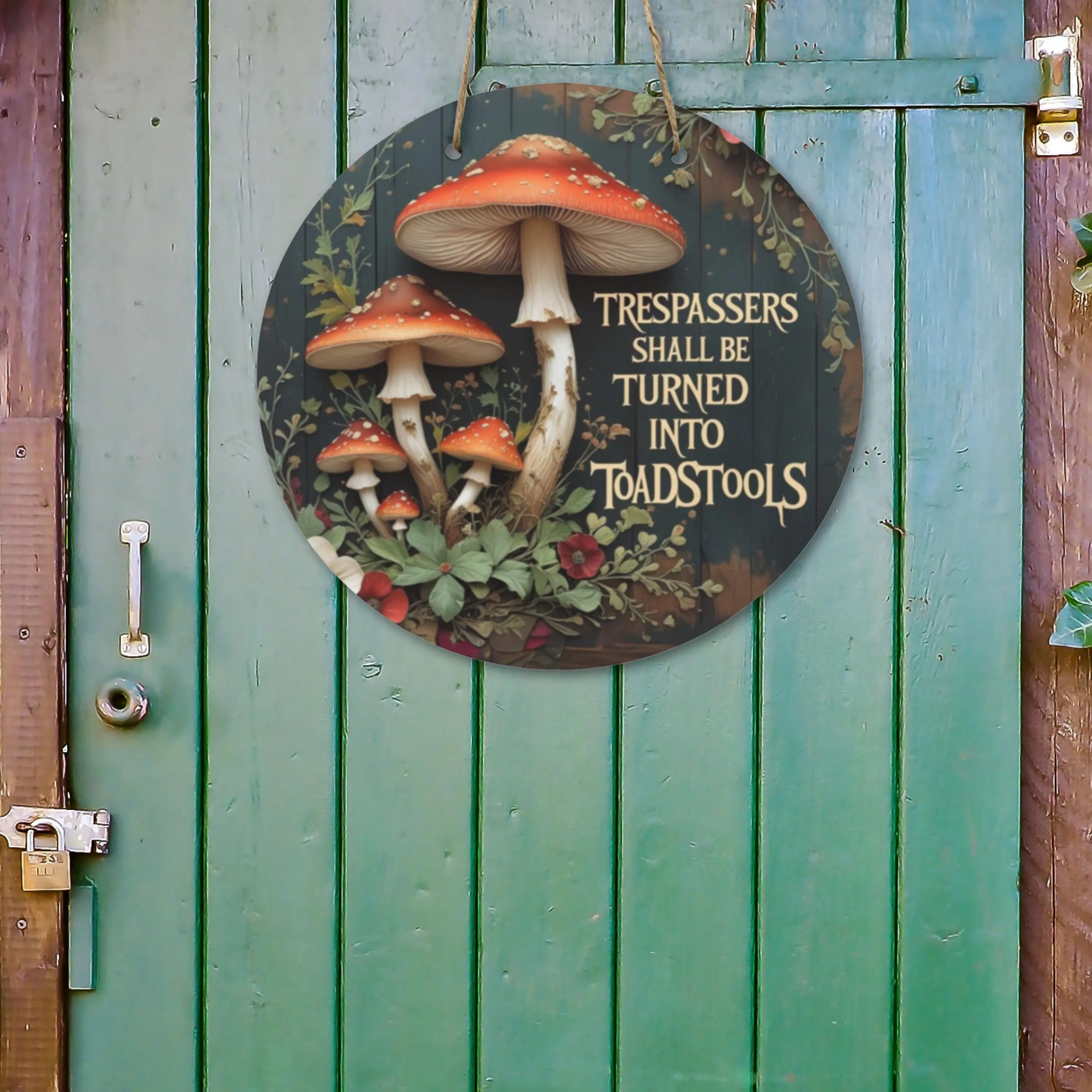 Whimsical "No Trespassing" Wooden Door Sign | Trespassers Shall Be Turned Into Toadstools