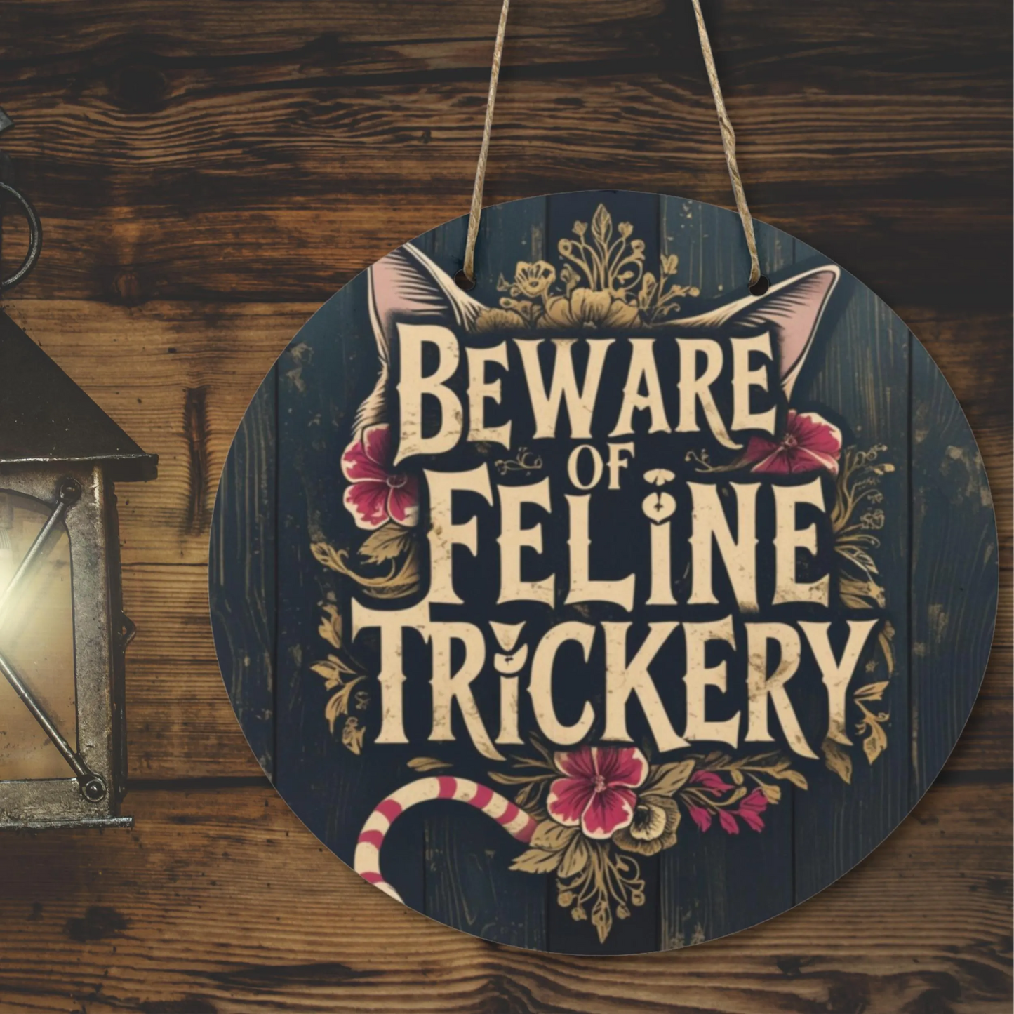 Beware of Feline Trickery Round Wooden Sign | Cat Lover Wall Decor