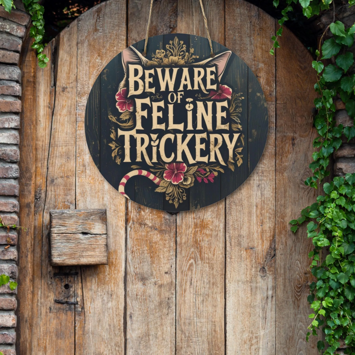 Beware of Feline Trickery Round Wooden Sign | Cat Lover Wall Decor
