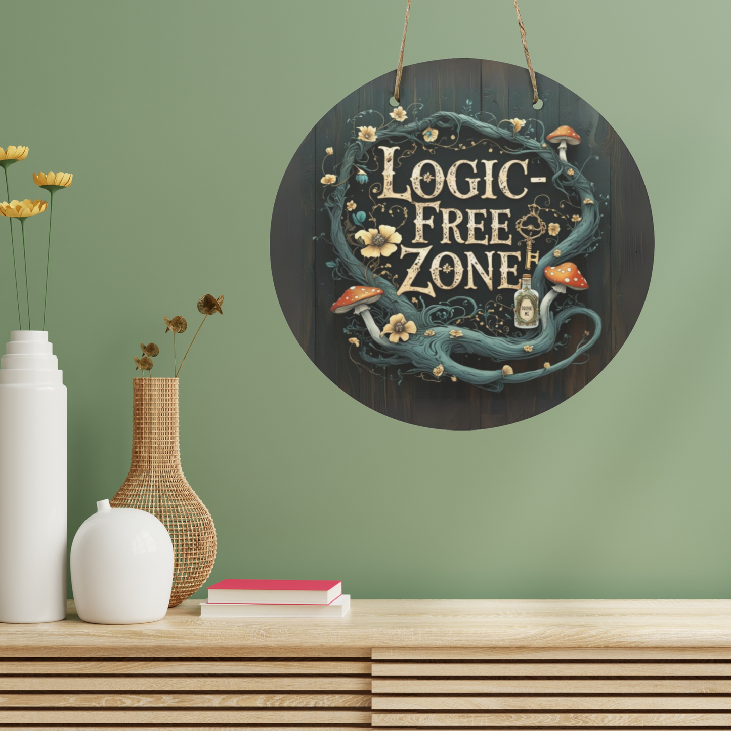 Logic-Free Zone Round Wooden Sign | Alice in Wonderland Inspired Wall Art