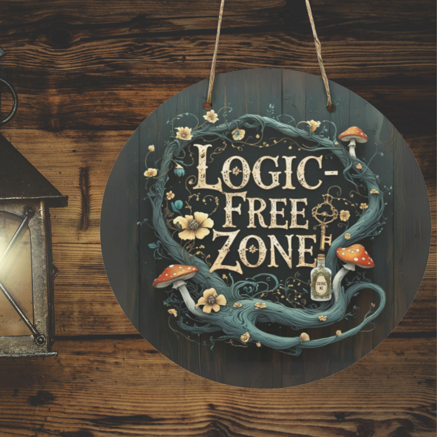 Logic-Free Zone Round Wooden Sign | Alice in Wonderland Inspired Wall Art