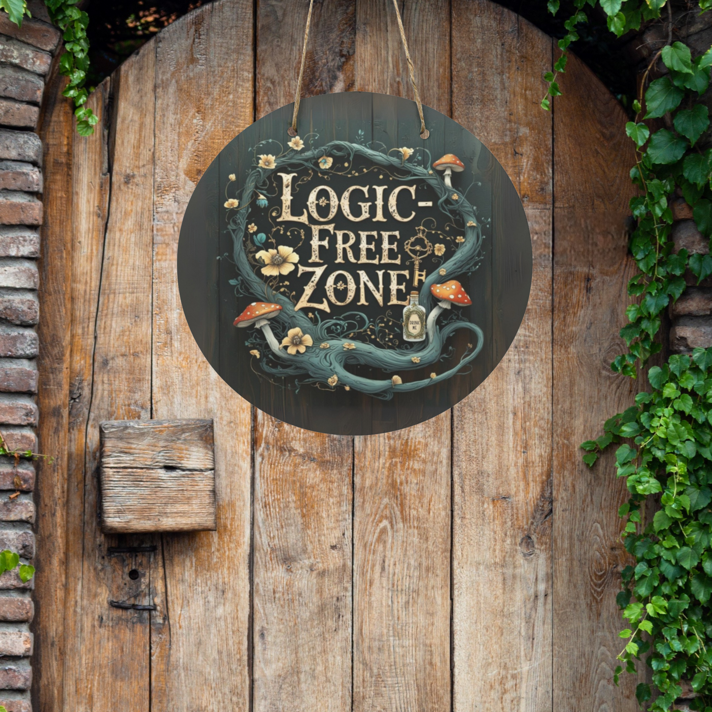 Logic-Free Zone Round Wooden Sign | Alice in Wonderland Inspired Wall Art