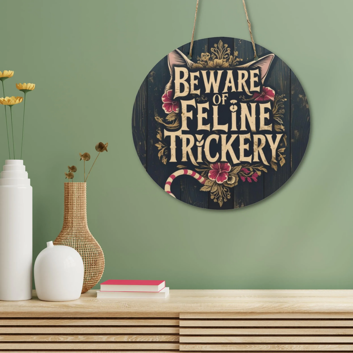 Beware of Feline Trickery Round Wooden Sign | Cat Lover Wall Decor