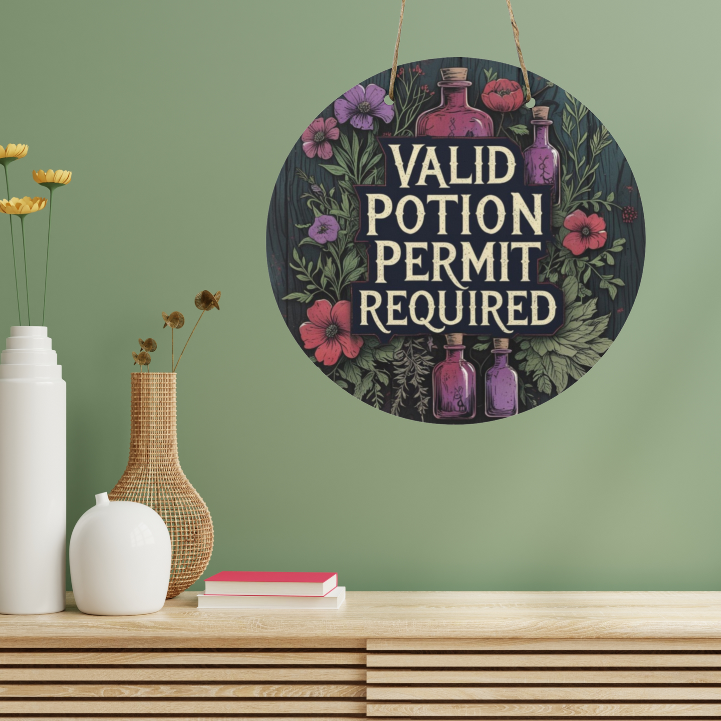 Valid Potion Permit Required Round Wooden Sign Witchy Apothecary Wall Decor