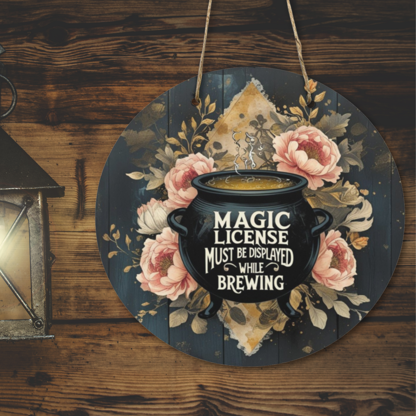 Magic License Must Be Displayed Round Wooden Sign | Witchy Cauldron Wall Decor