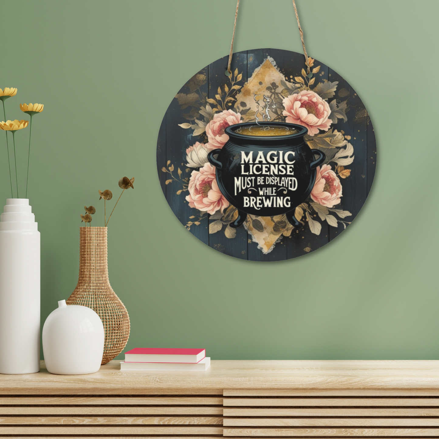 Magic License Must Be Displayed Round Wooden Sign | Witchy Cauldron Wall Decor