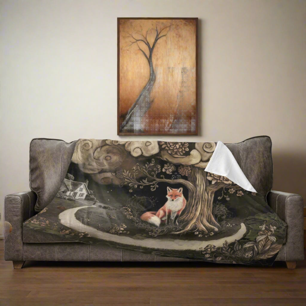 Whimsical Fox Under Moonlit Tree | Dark Cottagecore 60x50 Fleece Throw Blanket